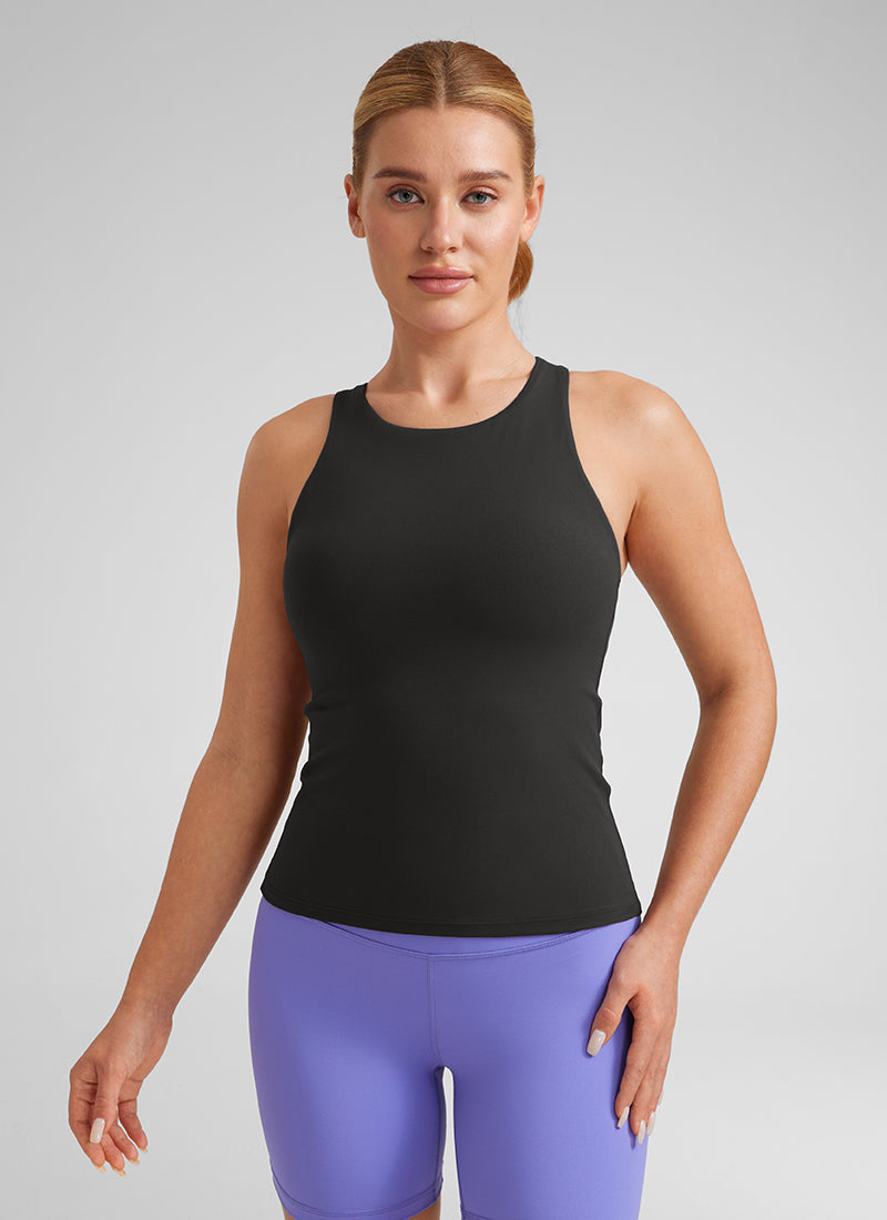 CRZ YOGA Pambabae Butterluxe Built-in na Bra na Mataas ang Leeg na Racerback Tank na Itim