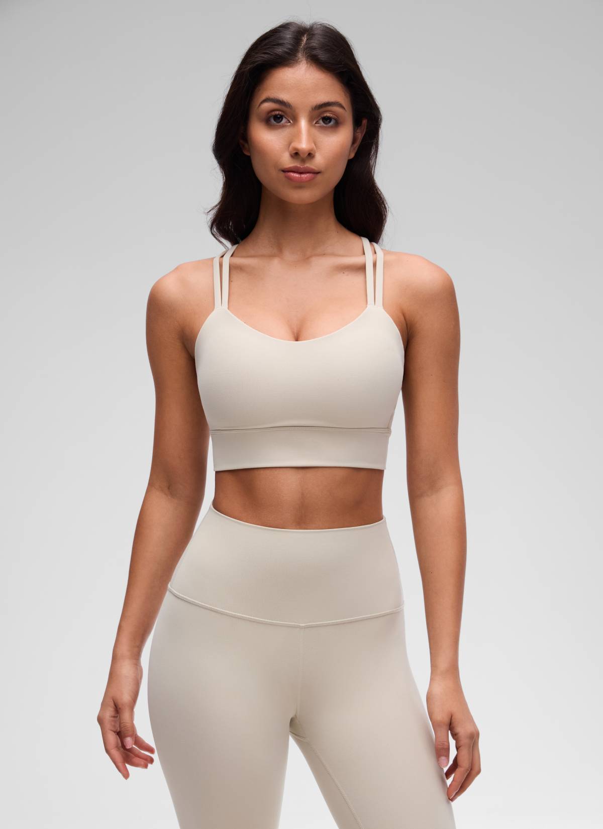 CRZ YOGA Pambabae Butterluxe Strappy Longline Criss Cross Molded Cup Bra Mojave Tan