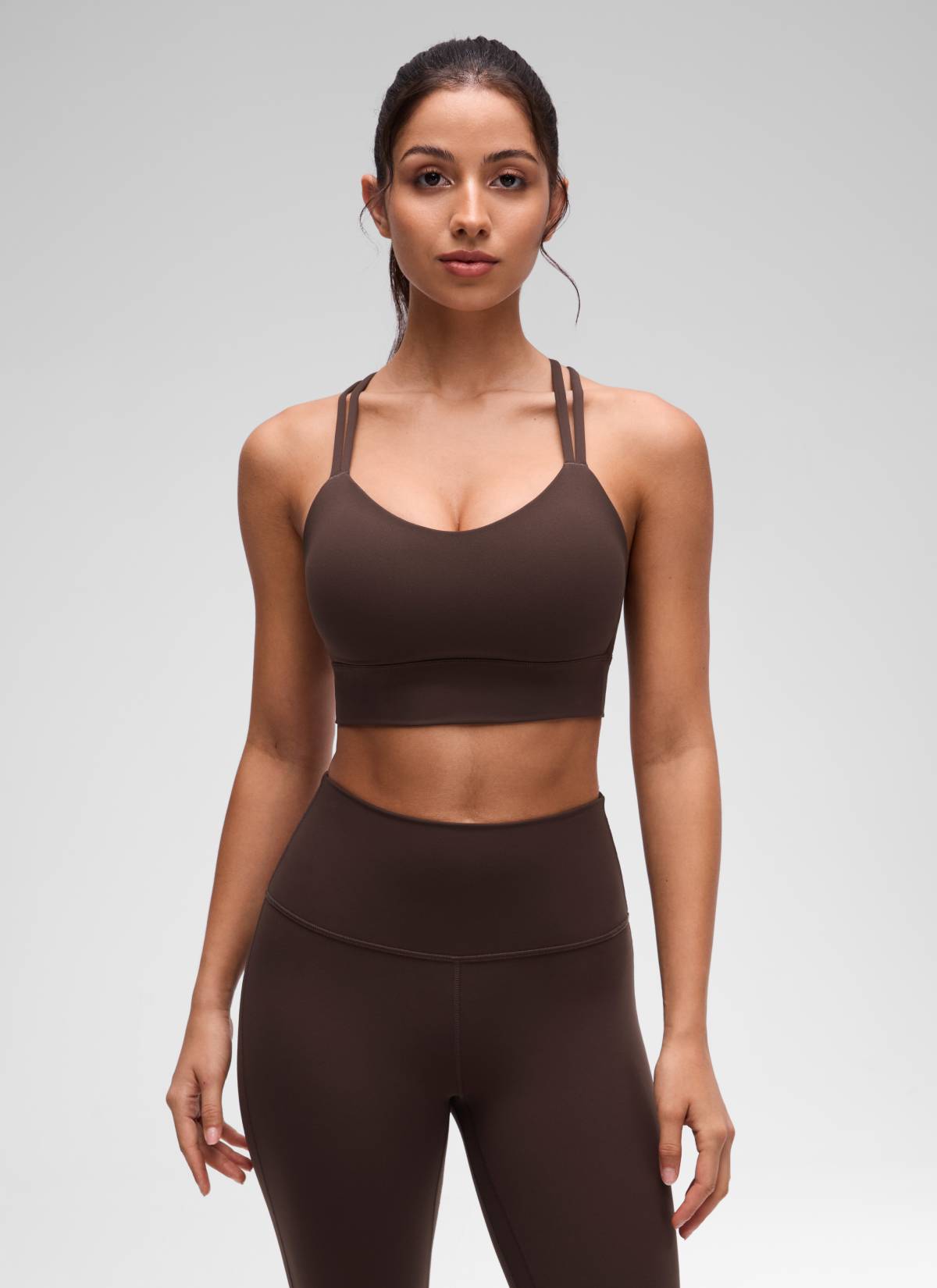 CRZ YOGA Pambabae Butterluxe Strappy Longline Criss Cross Molded Cup Bra Hot Fudge Brown
