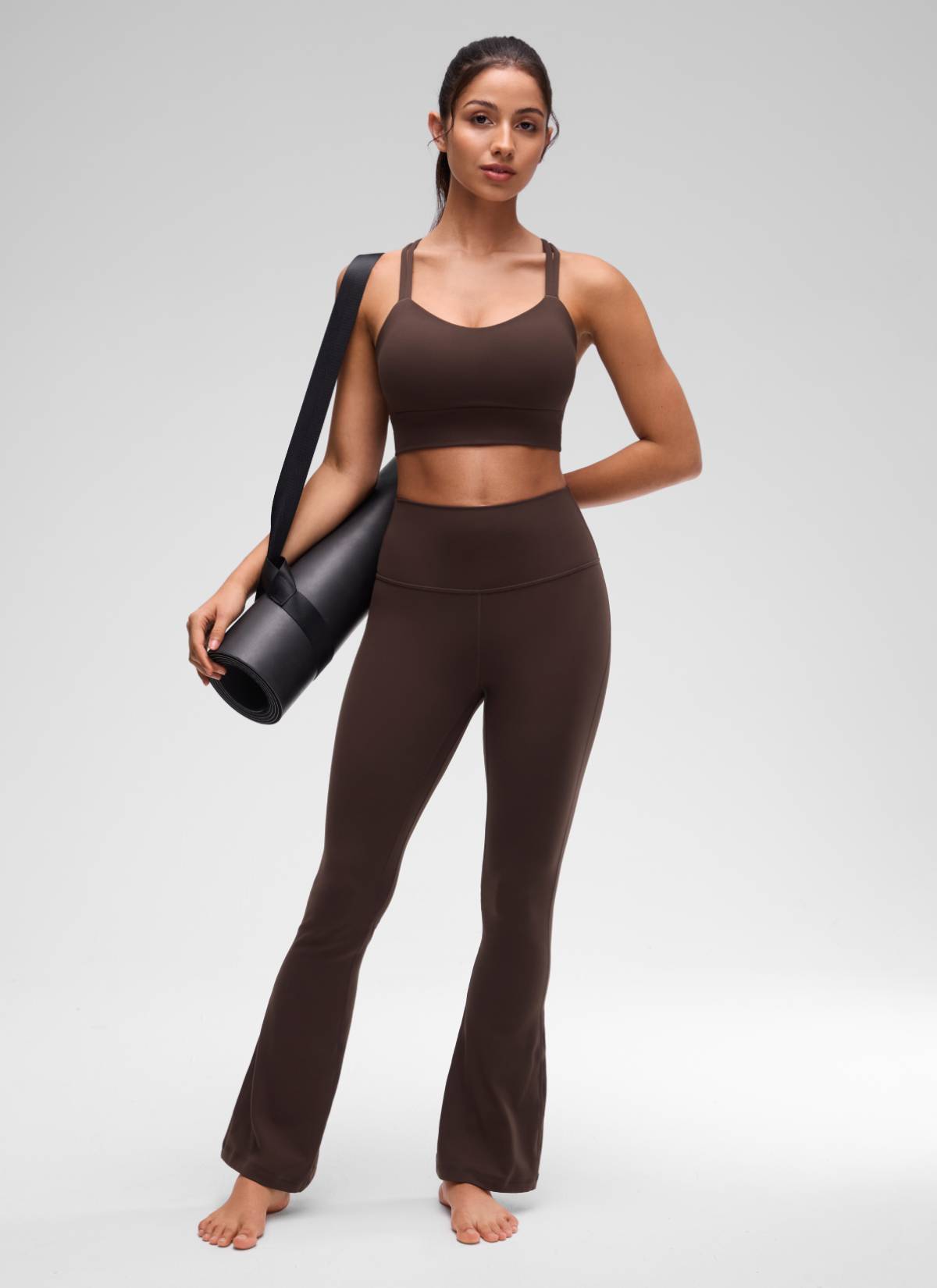 CRZ YOGA Pambabae Butterluxe Strappy Longline Criss Cross Molded Cup Bra Hot Fudge Brown