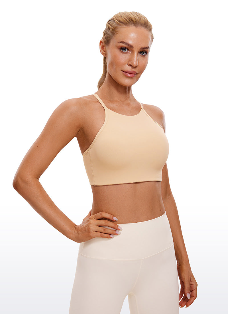 CRZ YOGA Butterluxe Pambabaeng High Neck Y Racerback Sports Bra Manipis na Straps Tan Milkshake