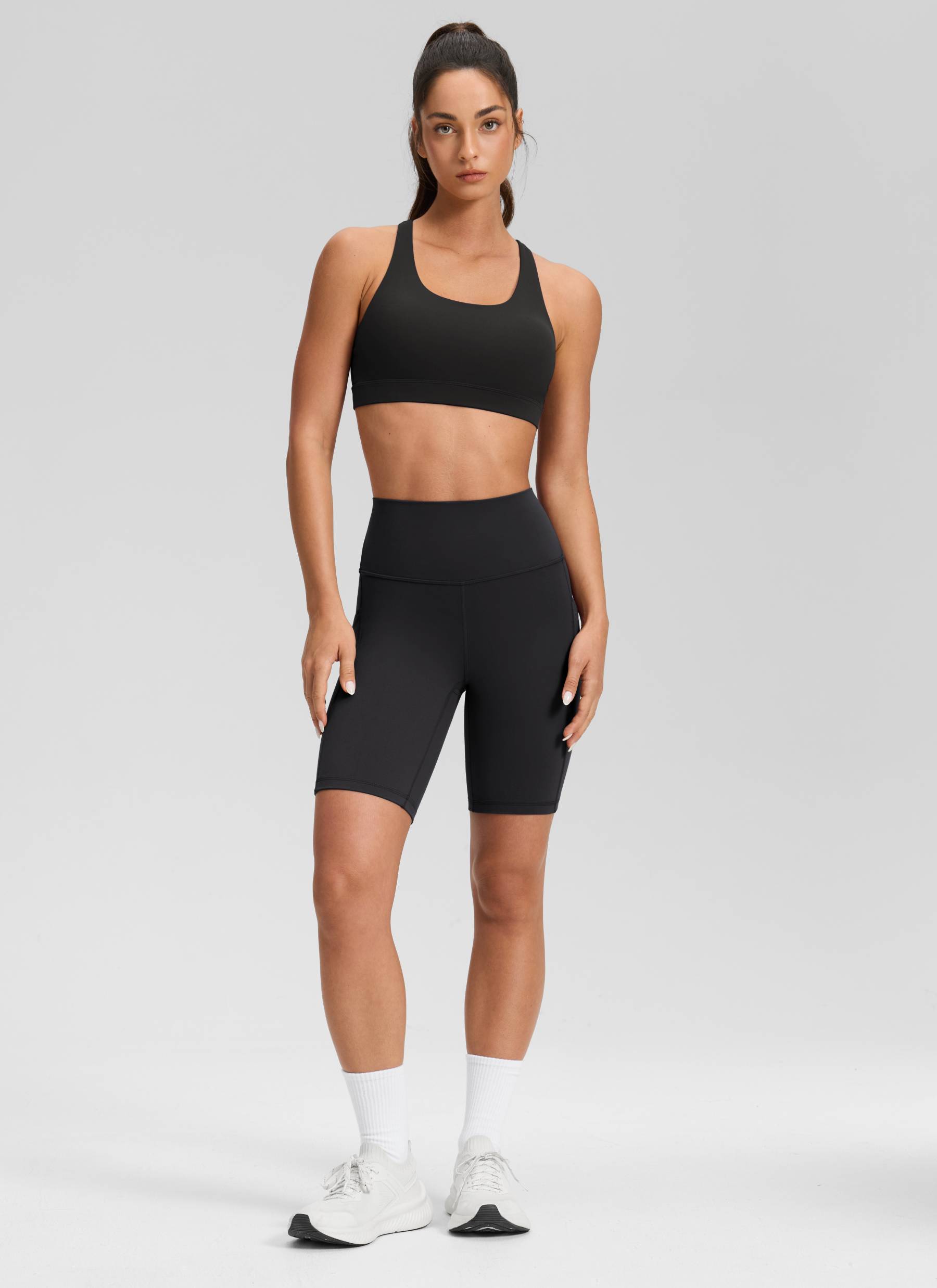 CRZ YOGA Women's Yoga High Rise Biker Butterluxe Pockets Shorts 8'' Black