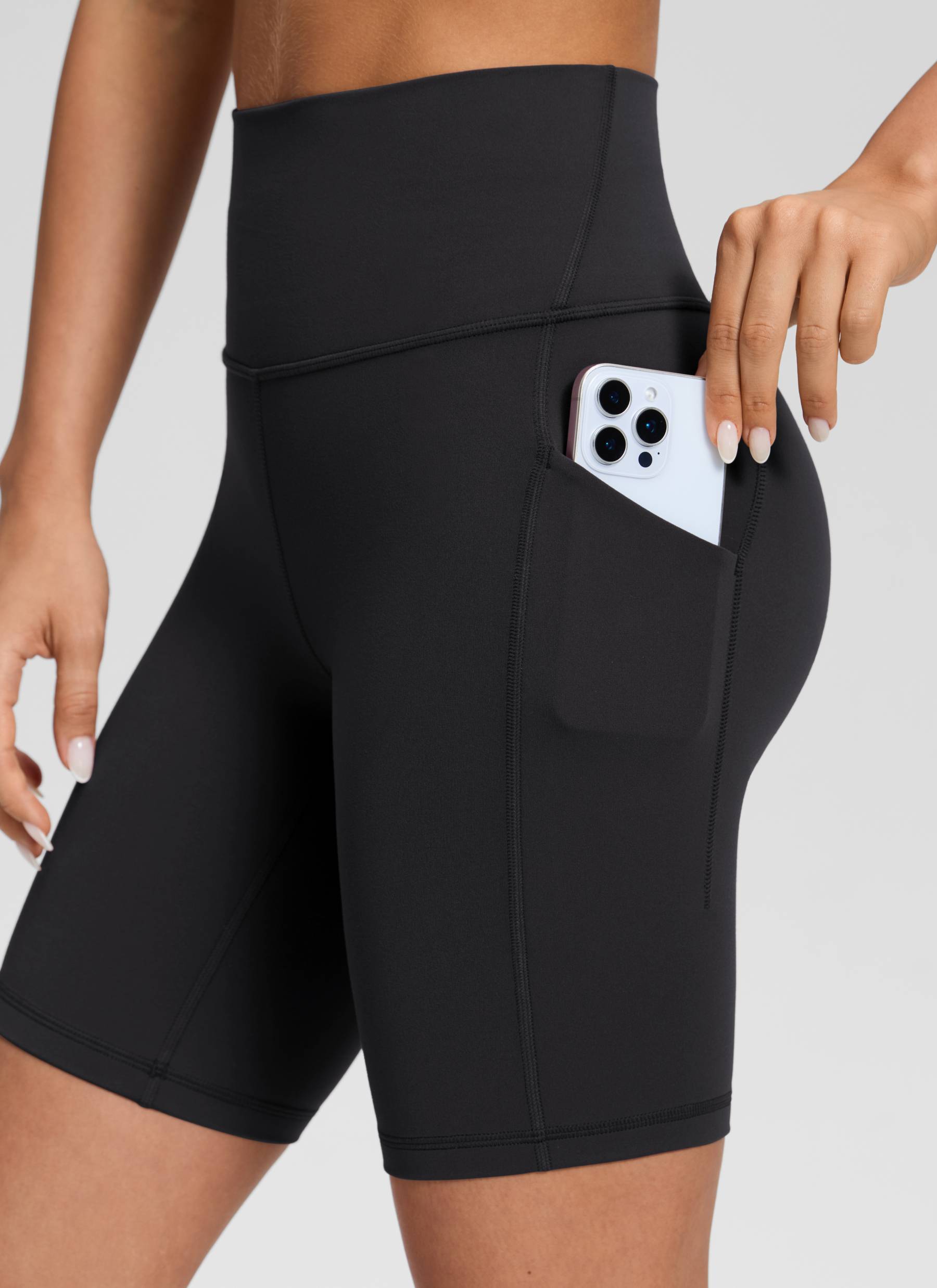 CRZ YOGA Women's Yoga High Rise Biker Butterluxe Pockets Shorts 8'' Black