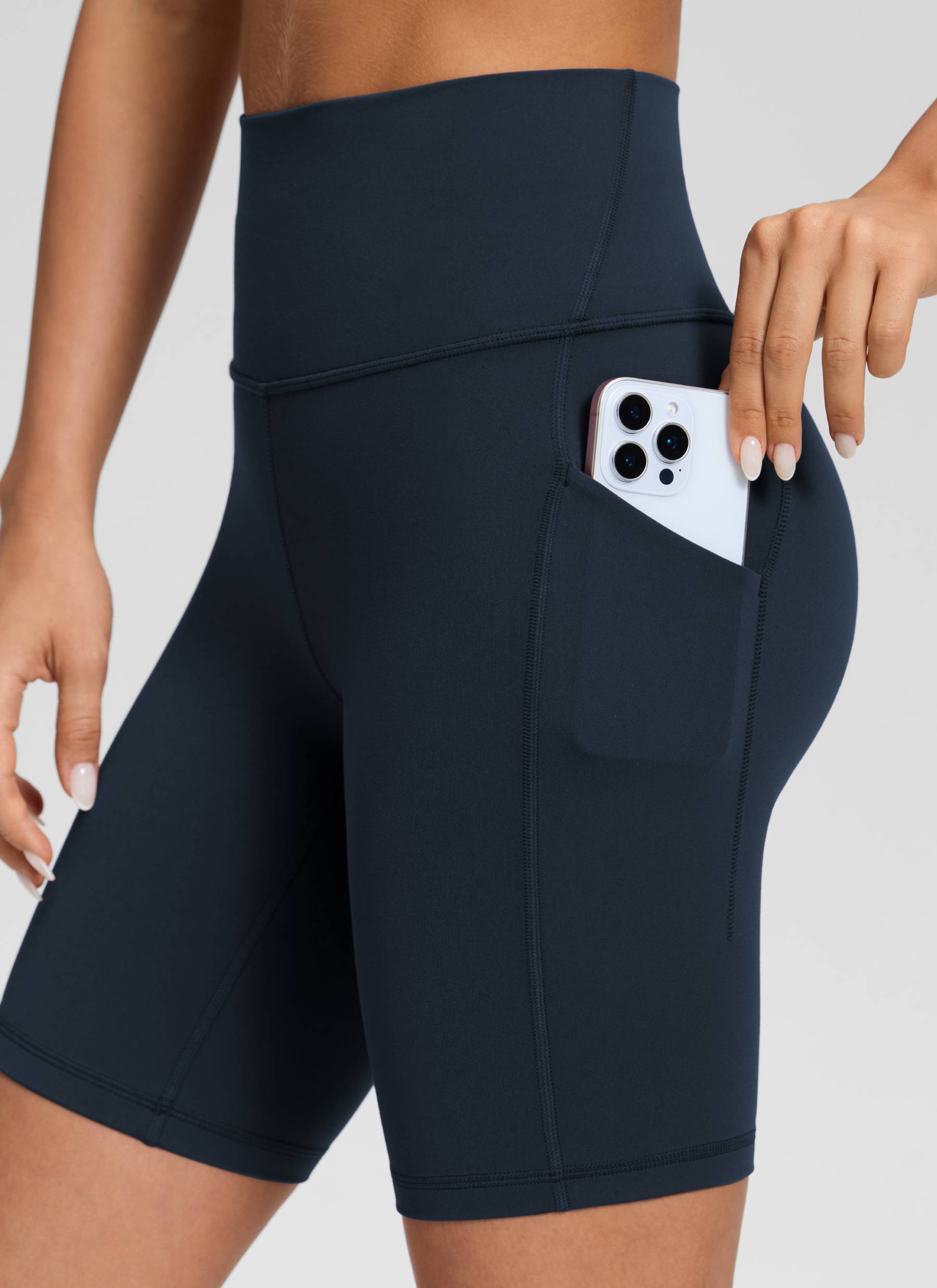 CRZ YOGA Women's Yoga High Rise Biker Butterluxe Pockets Shorts 8'' True Navy