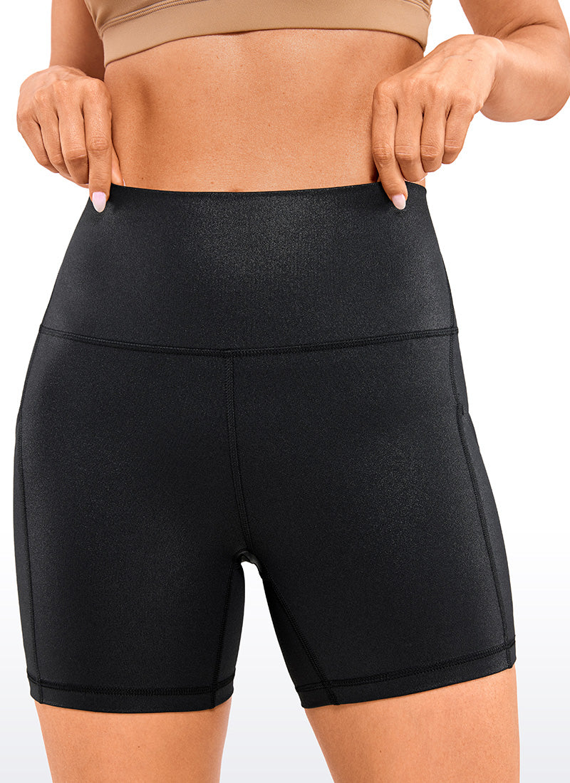 CRZ YOGA Pambabaeng Yoga High Rise Biker Butterluxe Shorts na may Bulsa 5'' Itim Klasikong Katad