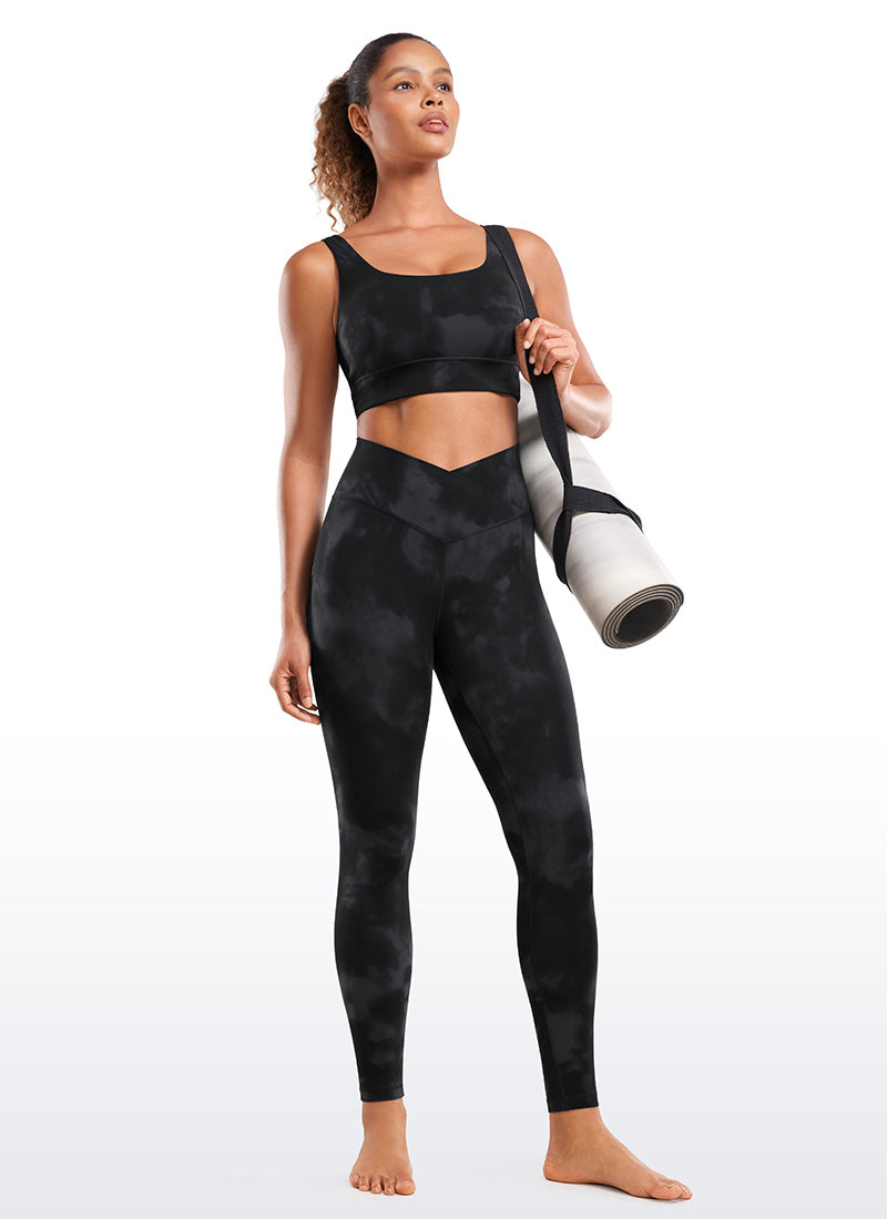 CRZ YOGA Women's High Rise Butterluxe Yoga Leggings 28'' V Cross Waist Black Tie Dye Flowers