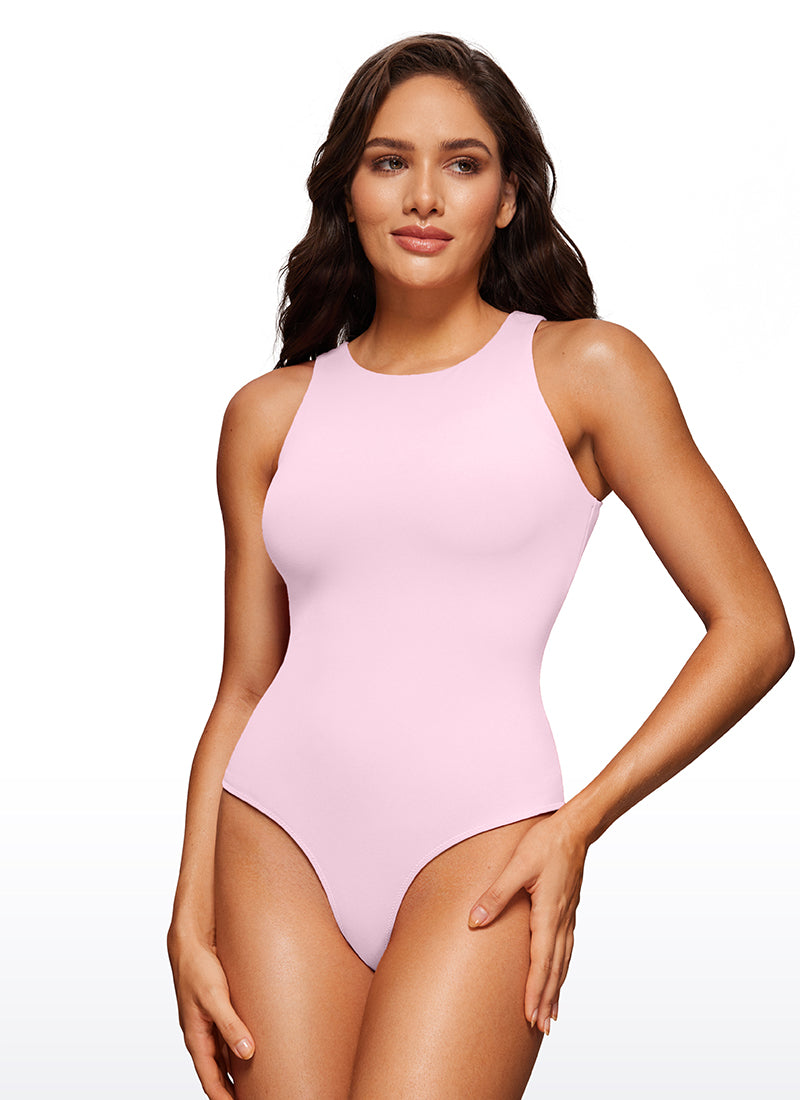 CRZ YOGA Pambabaeng Yoga Tight Fit High Neck Racerback Bodysuits na Kulay Pink Peony