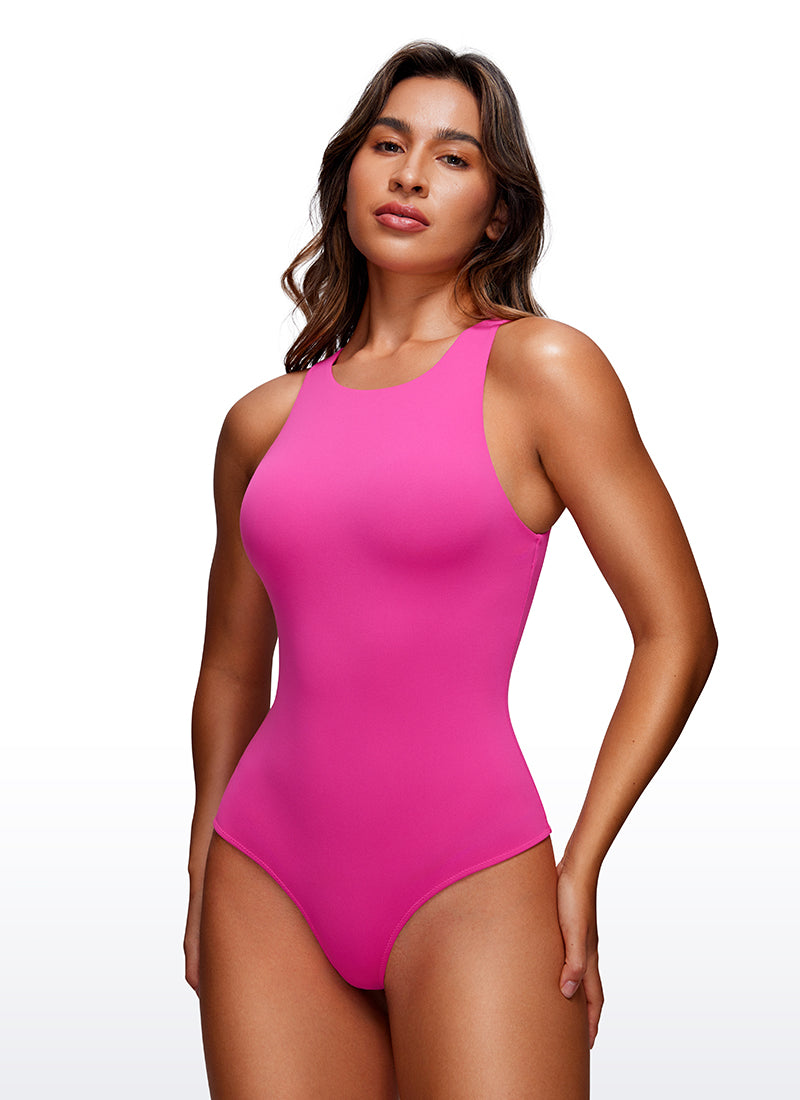 CRZ YOGA Pambabaeng Yoga Tight Fit High Neck Racerback Bodysuits na Hibiscus Purple