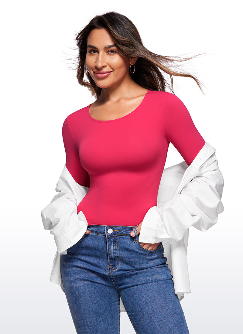 CRZ YOGA Pambabaeng Yoga Tight Fit Crew Neck Long Sleeves Bodysuits Viva Magenta