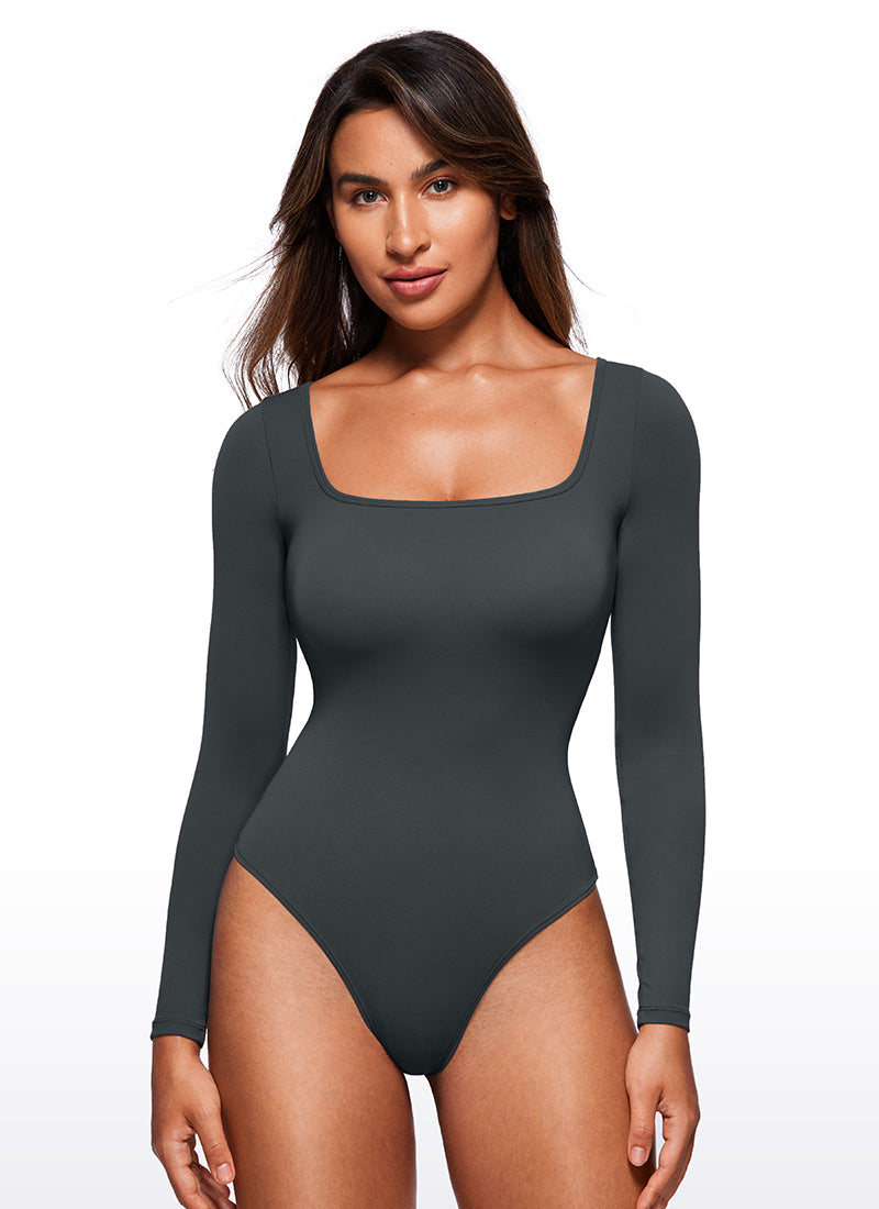 CRZ YOGA Pambabaeng Yoga Tight Fit Square Neck Long Sleeves Bodysuits Melanite