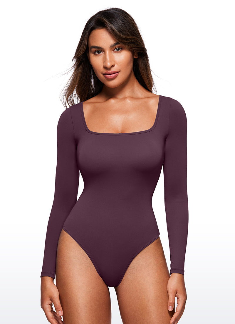 CRZ YOGA Pambabaeng Yoga Tight Fit Square Neck Long Sleeves Bodysuits Deep Purple