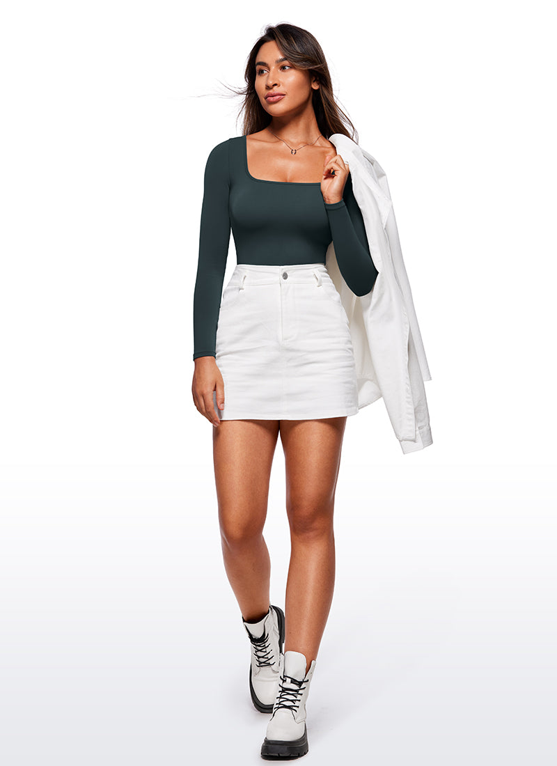 CRZ YOGA Pambabaeng Yoga Tight Fit Square Neck Long Sleeves Bodysuits na Forest Dark Green
