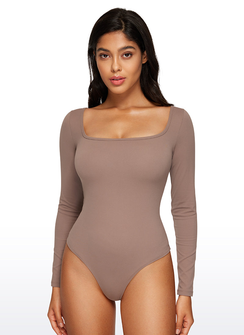 CRZ YOGA Pambabaeng Yoga Tight Fit Square Neck Long Sleeves Bodysuits na Kulay Kayumanggi Lila
