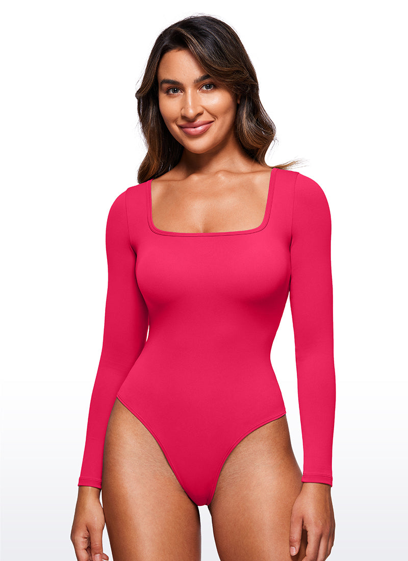 CRZ YOGA Pambabaeng Yoga Tight Fit Square Neck Long Sleeves Bodysuits Viva Magenta