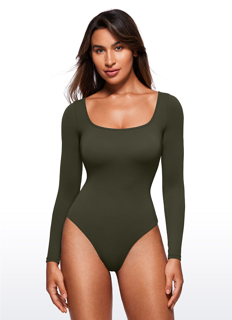 CRZ YOGA Pambabaeng Yoga Tight Fit Square Neck Long Sleeves Bodysuits na Olive Green