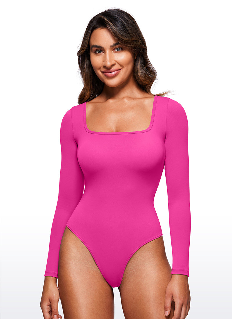 CRZ YOGA Pambabaeng Yoga Tight Fit Square Neck Long Sleeves Bodysuits na Hibiscus Purple