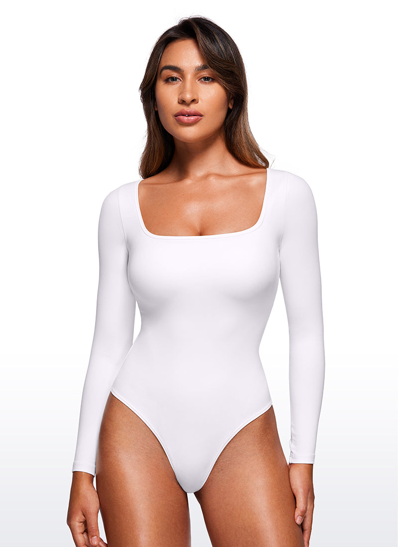 CRZ YOGA Pambabaeng Yoga Tight Fit Square Neck Long Sleeves Bodysuits Puti