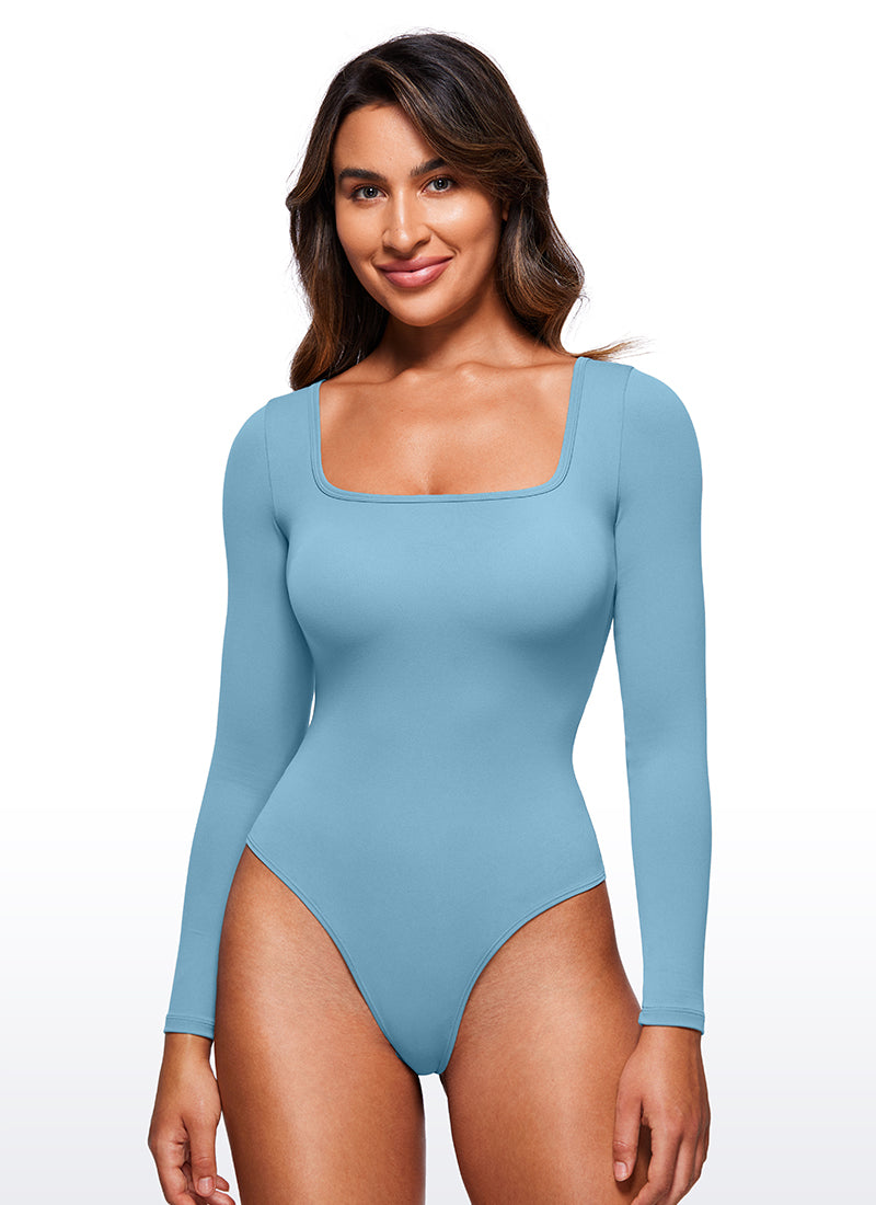 CRZ YOGA Pambabaeng Yoga Tight Fit Square Neck Long Sleeves Bodysuits Purong Asul