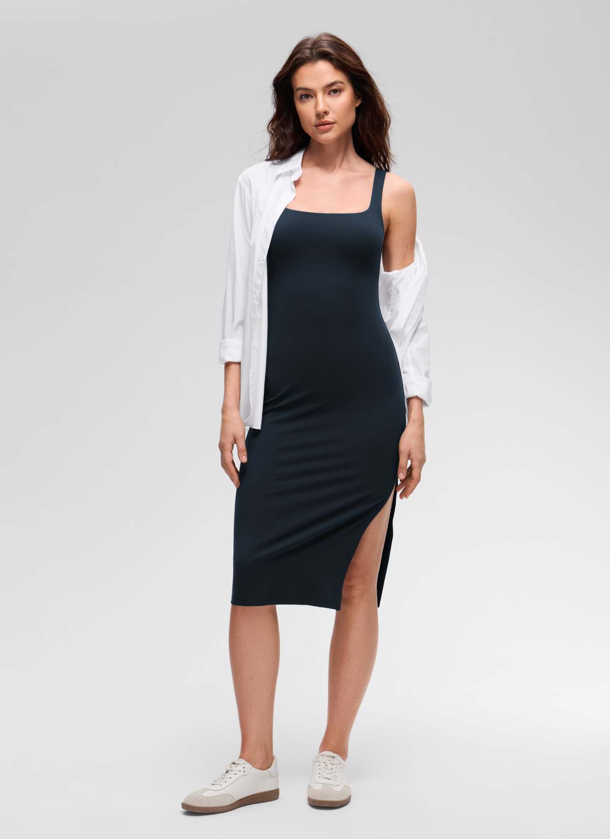 CRZ YOGA Pambabae Butterluxe Kaswal na Square Neck Side Split Midi Dress na True Navy