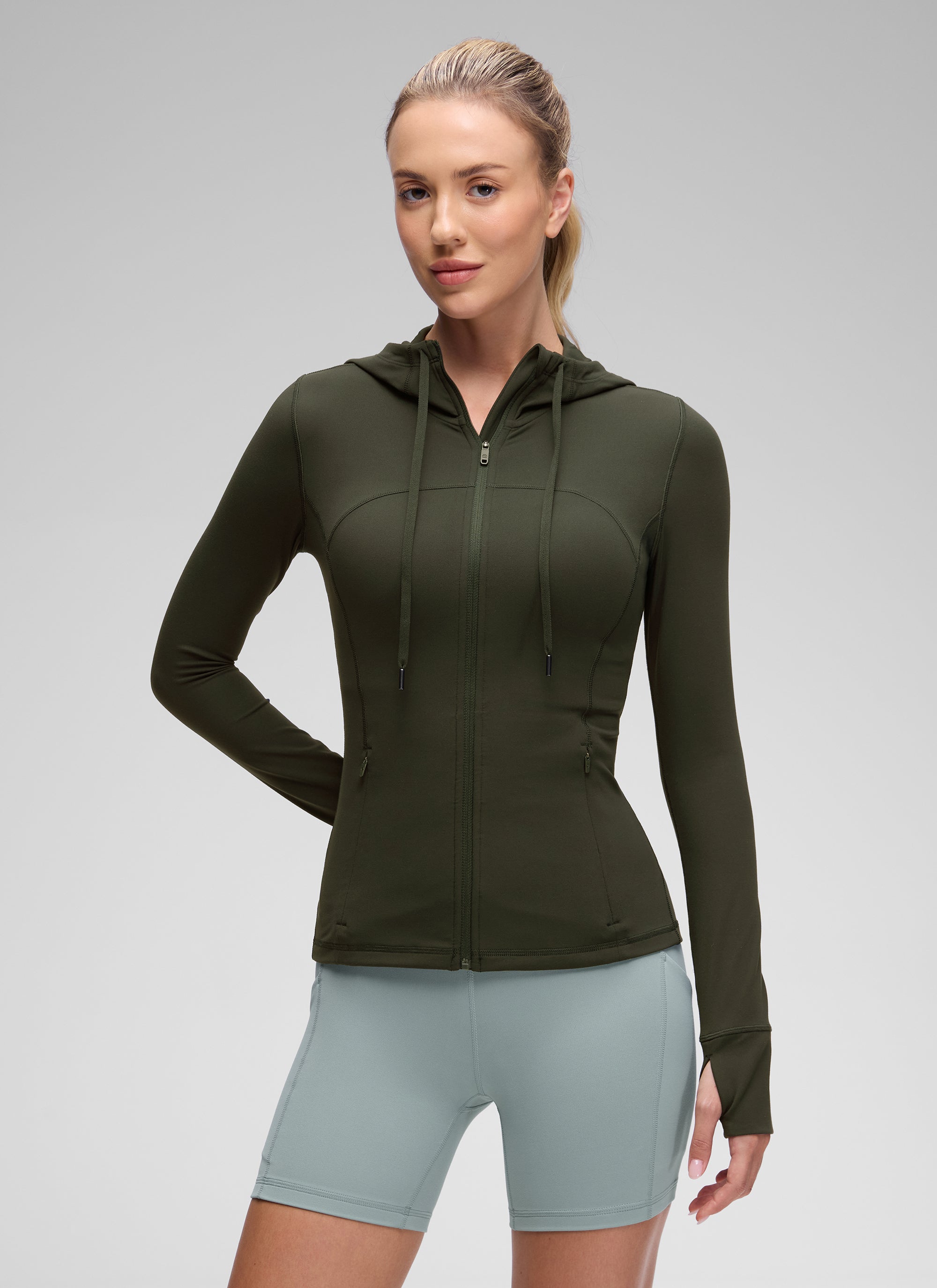 CRZ YOGA Pambabae Butterluxe Slim Fit na Panlabas na Kasuotan na May Bulsa na May Buong Zip na Hoodies na may Olive Green