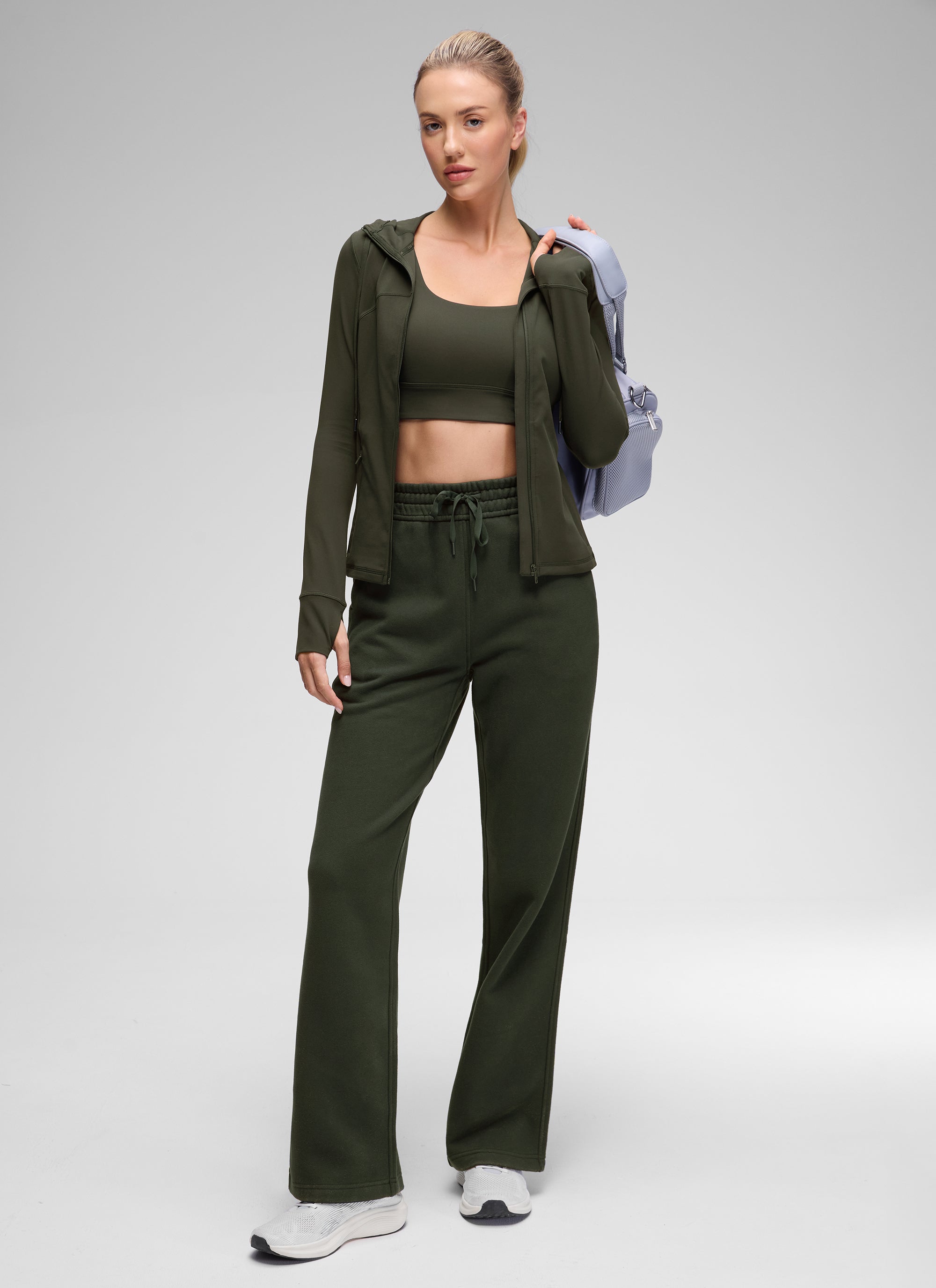 CRZ YOGA Pambabae Butterluxe Slim Fit na Panlabas na Kasuotan na May Bulsa na May Buong Zip na Hoodies na may Olive Green