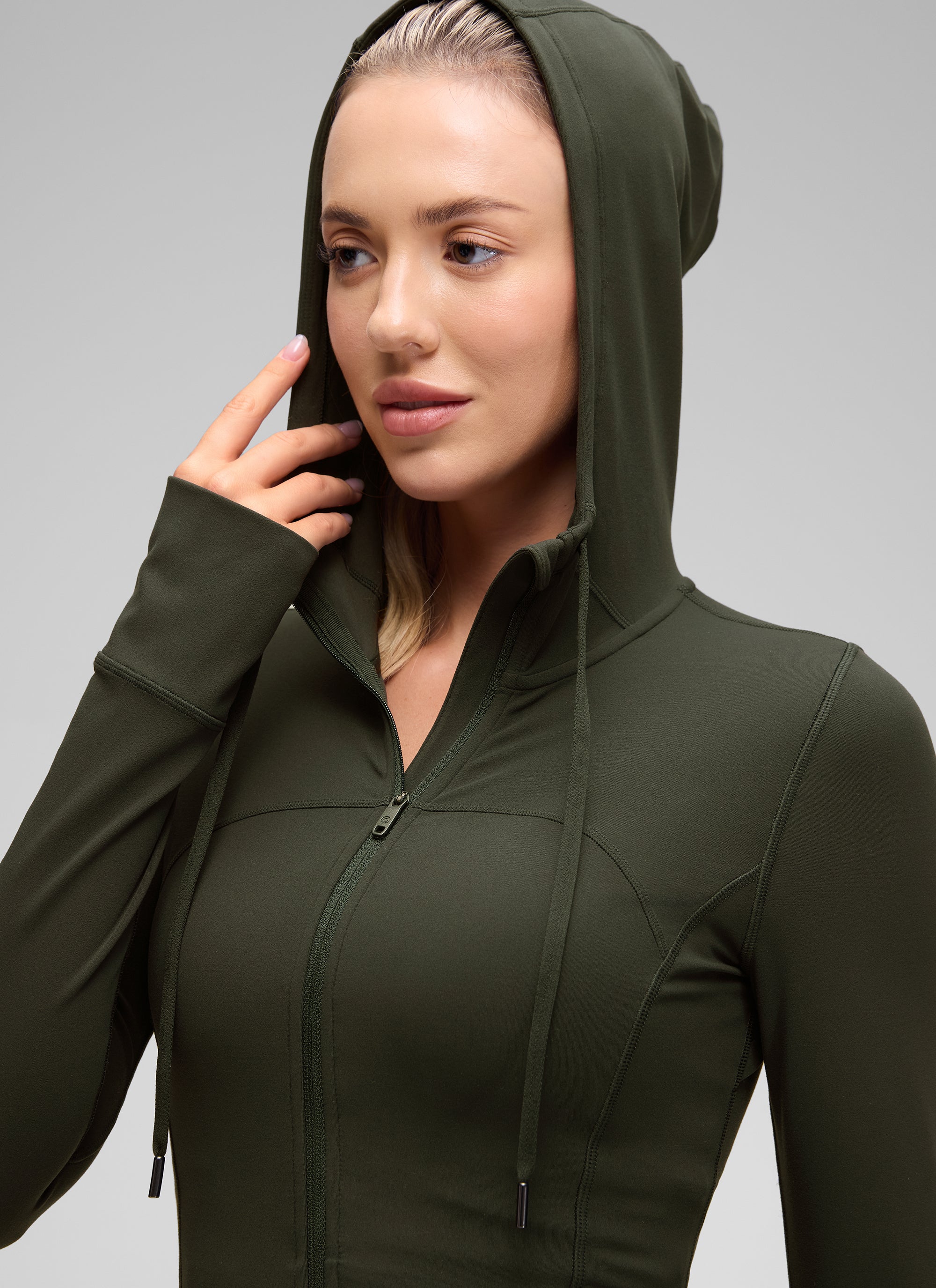 CRZ YOGA Pambabae Butterluxe Slim Fit na Panlabas na Kasuotan na May Bulsa na May Buong Zip na Hoodies na may Olive Green