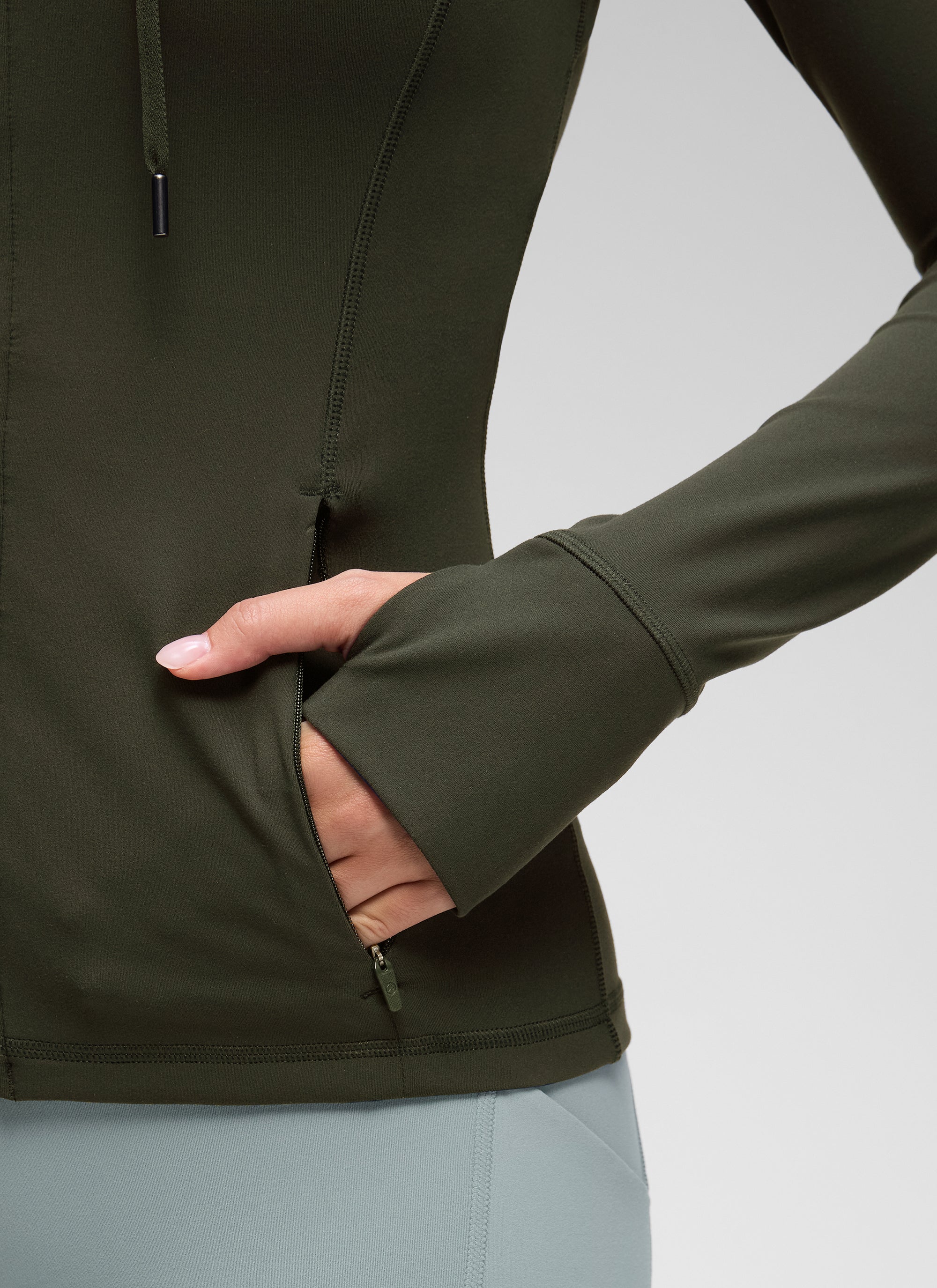CRZ YOGA Pambabae Butterluxe Slim Fit na Panlabas na Kasuotan na May Bulsa na May Buong Zip na Hoodies na may Olive Green