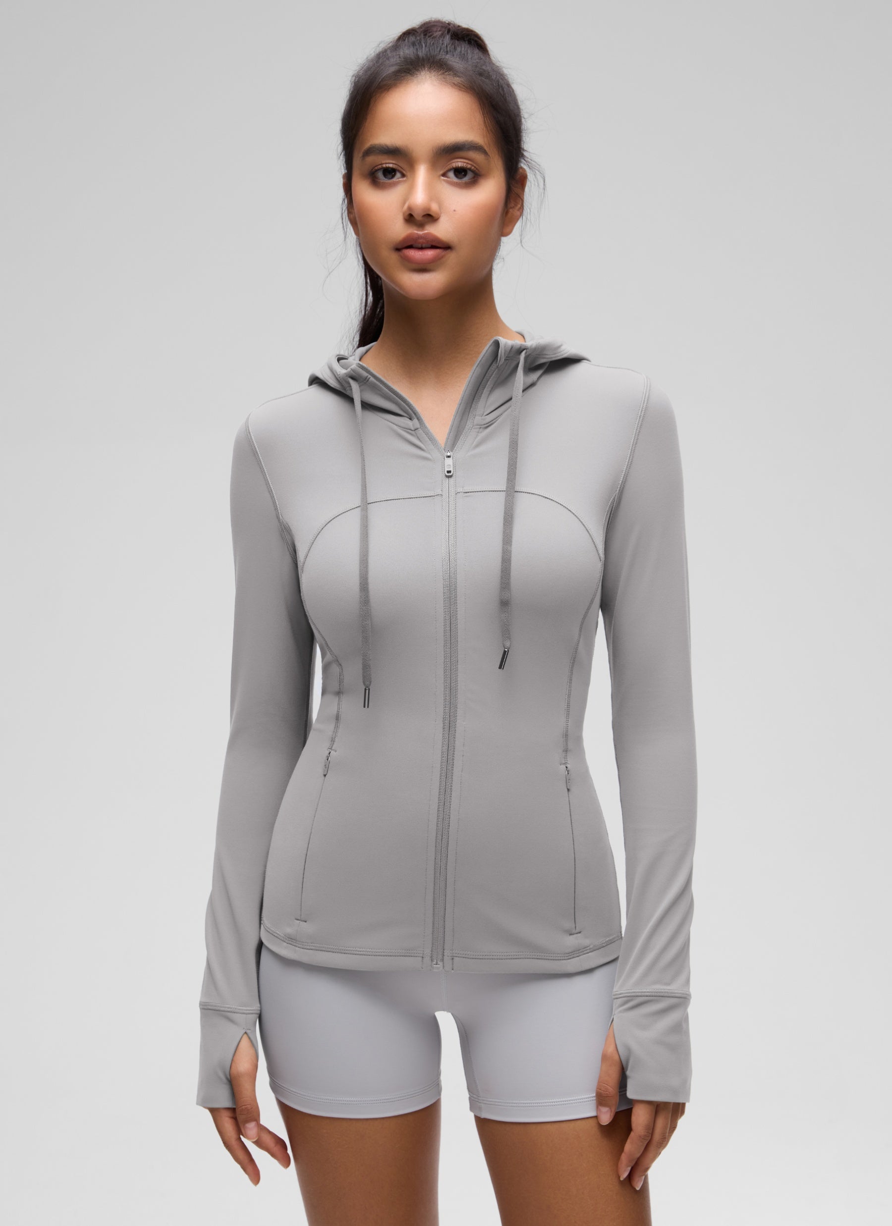 CRZ YOGA Pambabae Butterluxe Slim Fit na Panlabas na Kasuotan na May Bulsa at Buong Zip na Hoodies na Gull Gray
