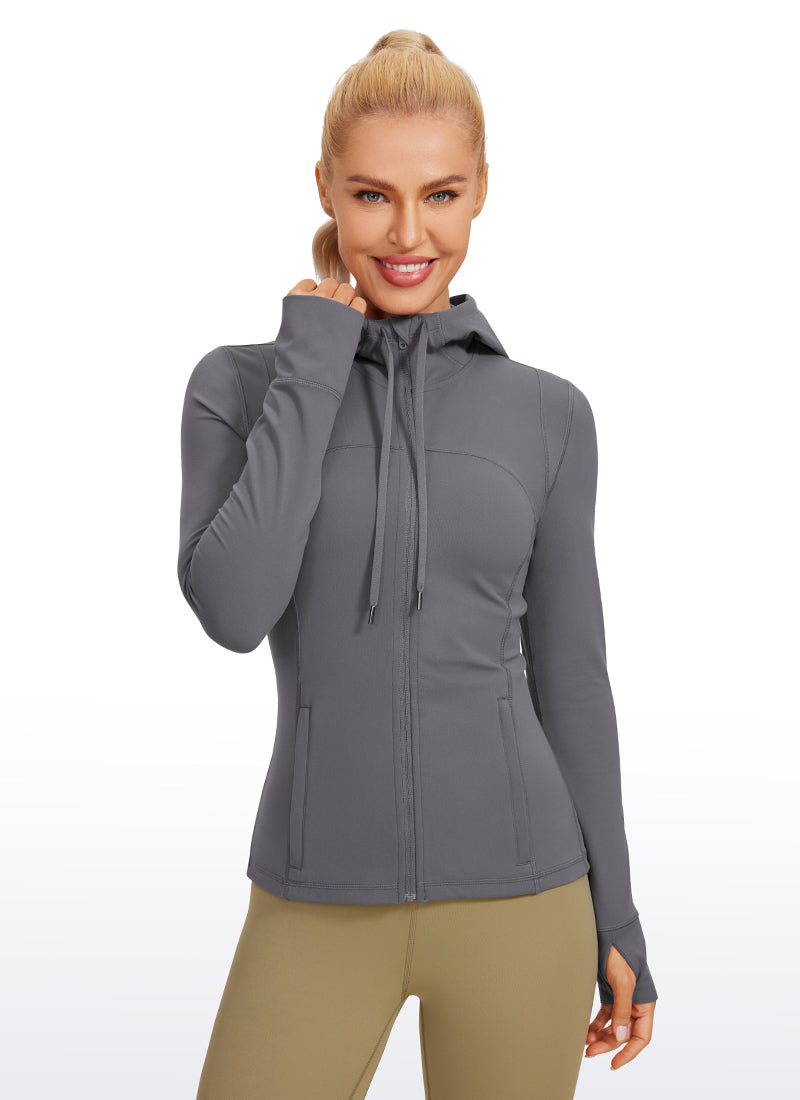 CRZ YOGA Pambabae Butterluxe Slim Fit Pocket Outerwear Full Zip Hoodies Dark Carbon