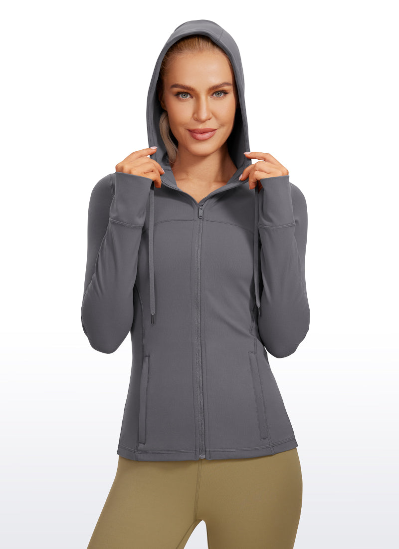 CRZ YOGA Pambabae Butterluxe Slim Fit Pocket Outerwear Full Zip Hoodies Dark Carbon