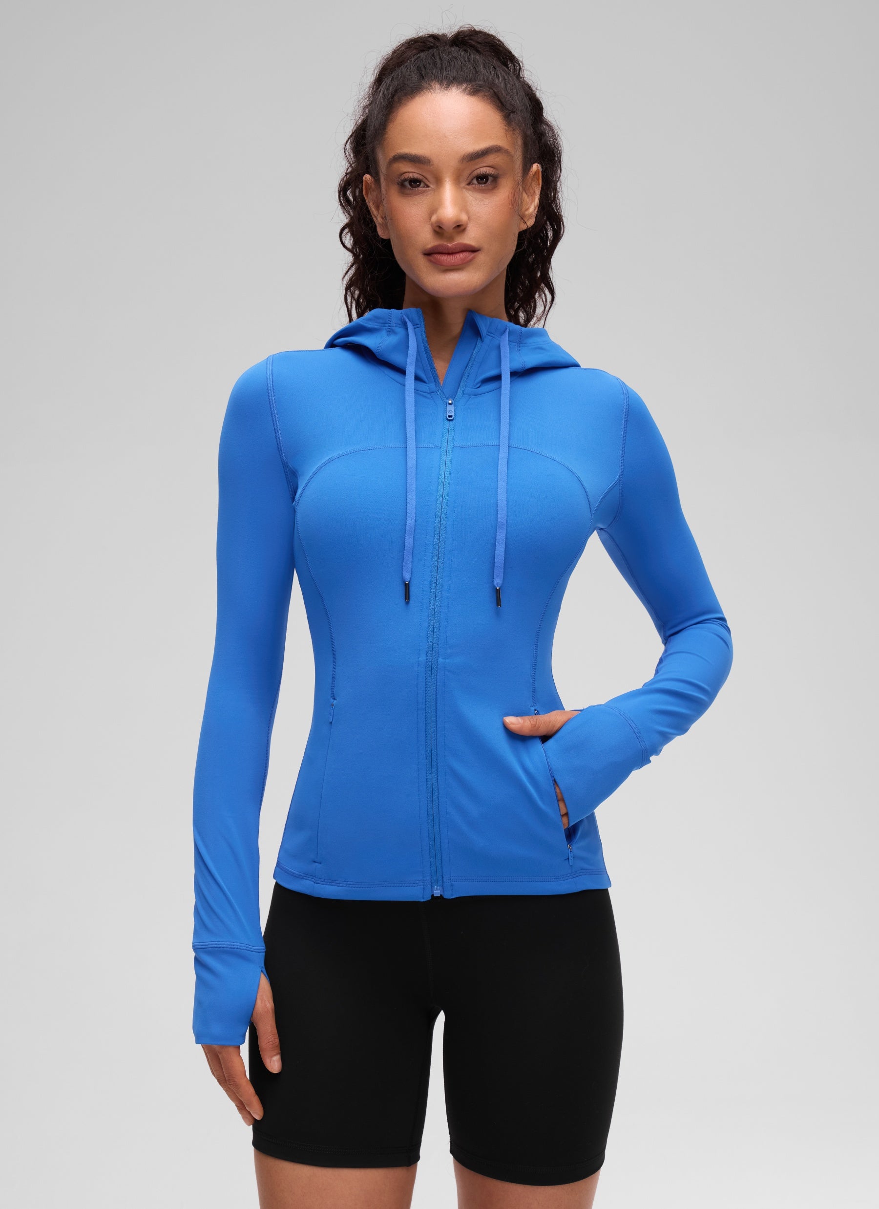 CRZ YOGA Pambabae Butterluxe Slim Fit na Panlabas na Damit na may Buong Zip na Hoodies na Kumikinang na Asul