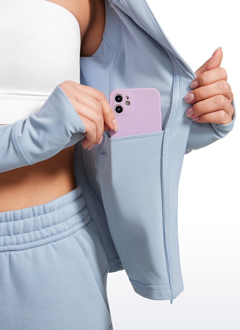 CRZ YOGA Pambabae Butterluxe Slim Fit na Panlabas na Kasuotan na May Bulsa at Buong Zip na Hoodies na Cambric Blue