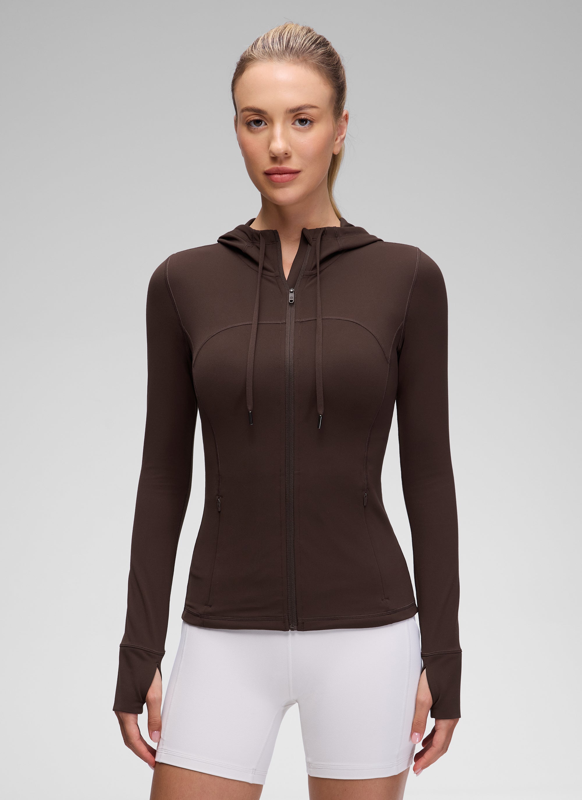 CRZ YOGA Pambabae Butterluxe Slim Fit na Bulsa na Panlabas na Kasuotan na Buong Zip Hoodies Hot Fudge Brown
