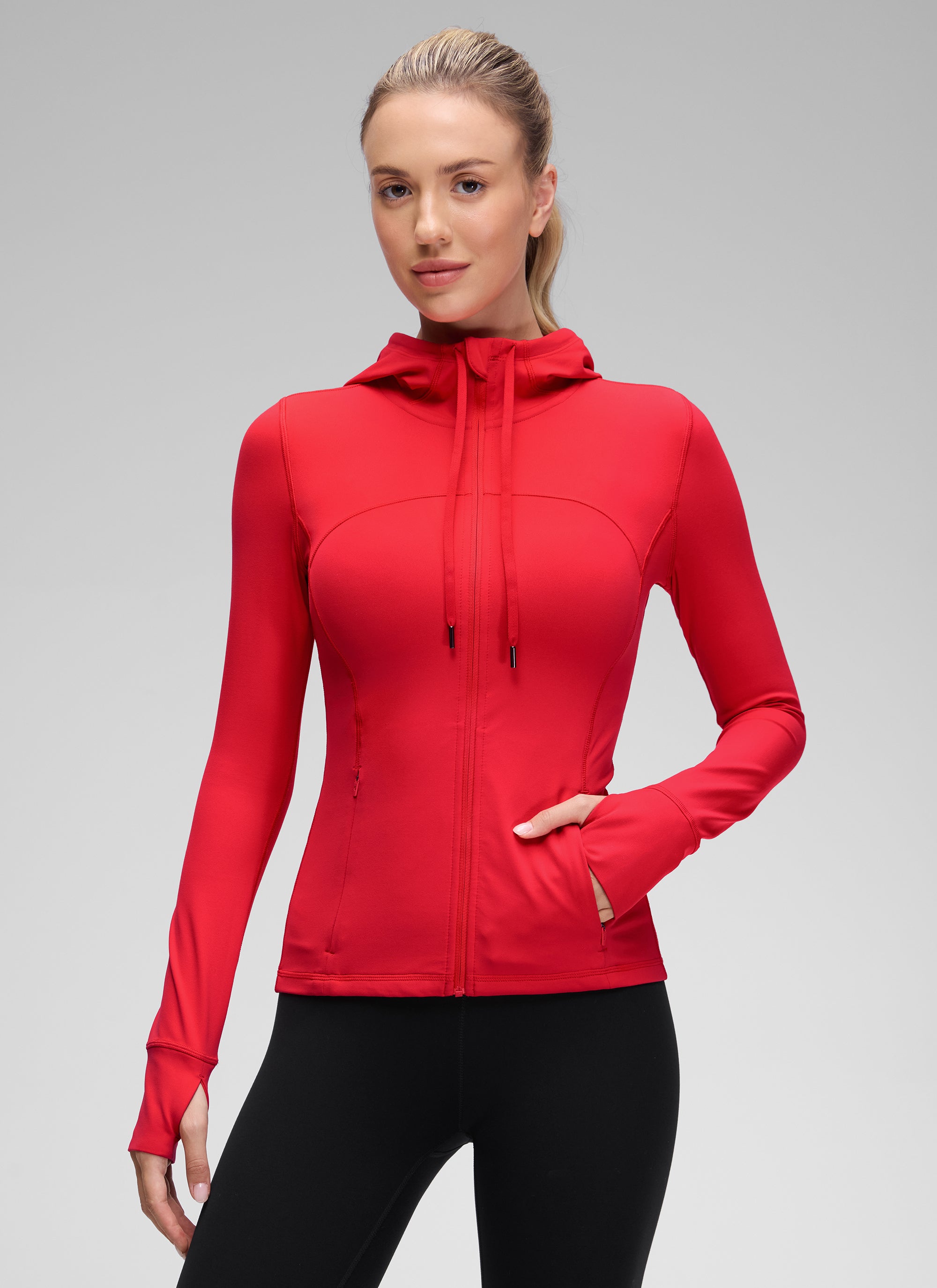 CRZ YOGA Pambabae Butterluxe Slim Fit Pocket Outerwear Full Zip Hoodies Aurora Red