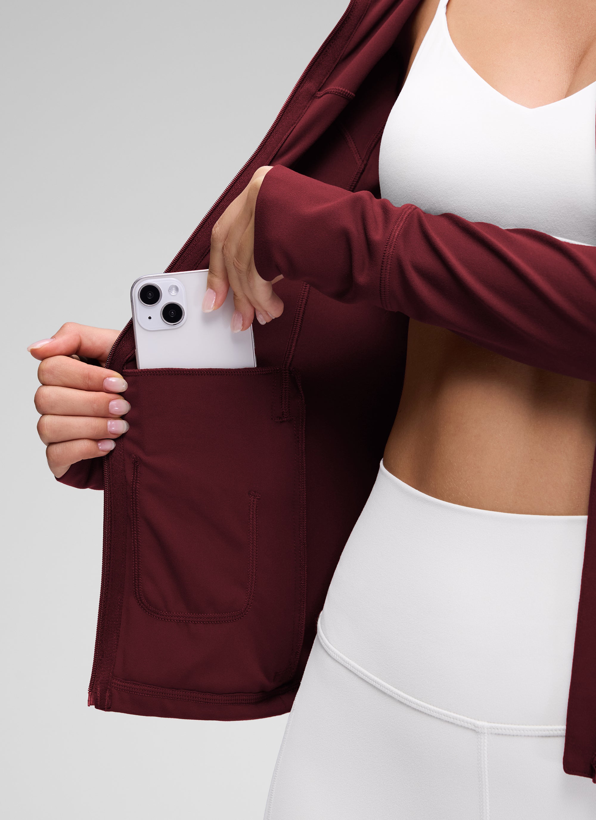 CRZ YOGA Pambabae Butterluxe Slim Fit Pocket Outerwear Full Zip Hoodies Pulang Merlot