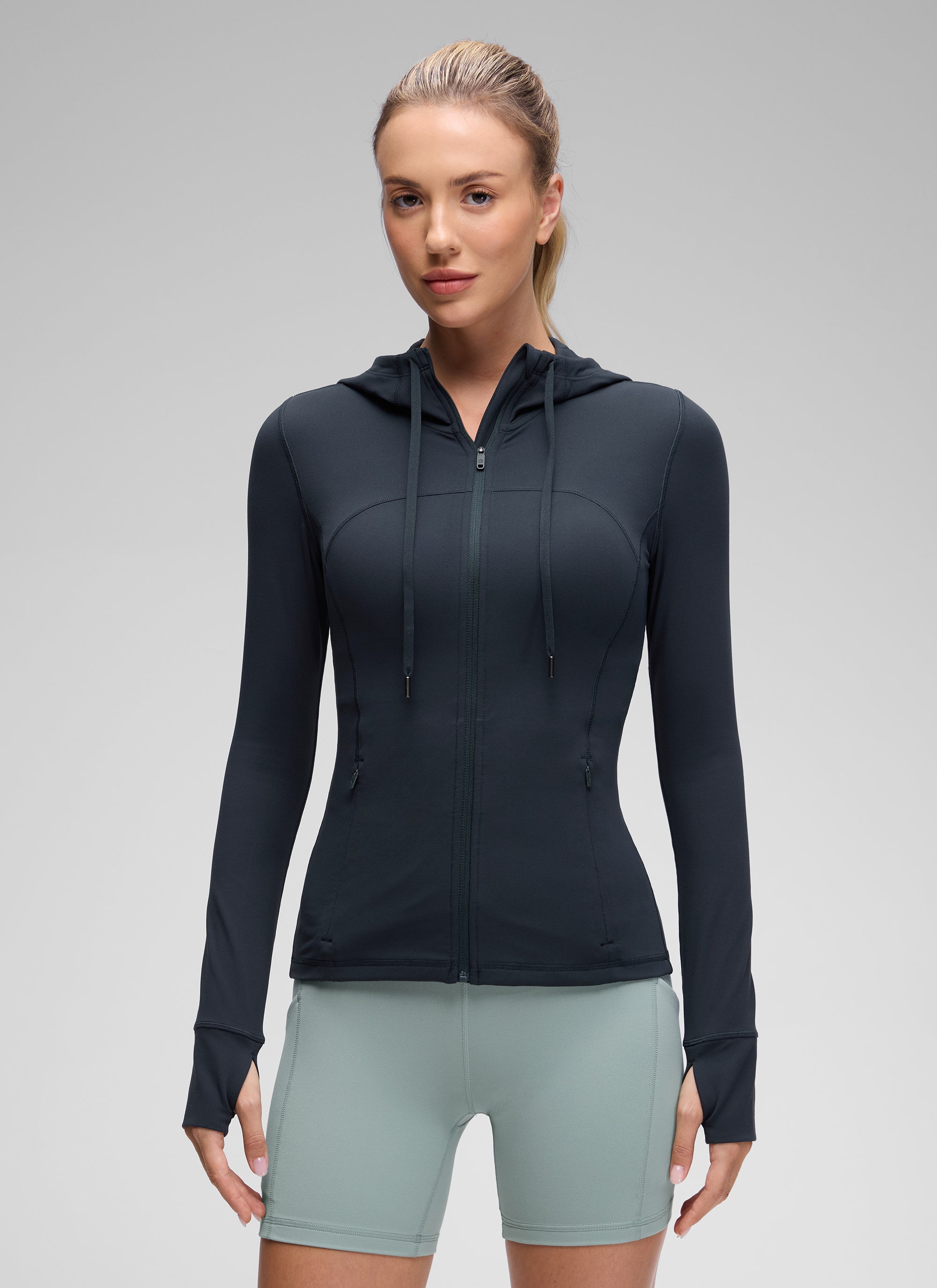 CRZ YOGA Pambabae Butterluxe Slim Fit na May Bulsa na Panlabas na Kasuotan na May Buong Zip na Hoodies na True Navy