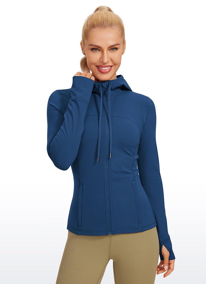 CRZ YOGA Pambabae Butterluxe Slim Fit na Panlabas na Kasuotan na May Bulsa at Buong Zip na Hoodies na Kulay Pranses na Asul
