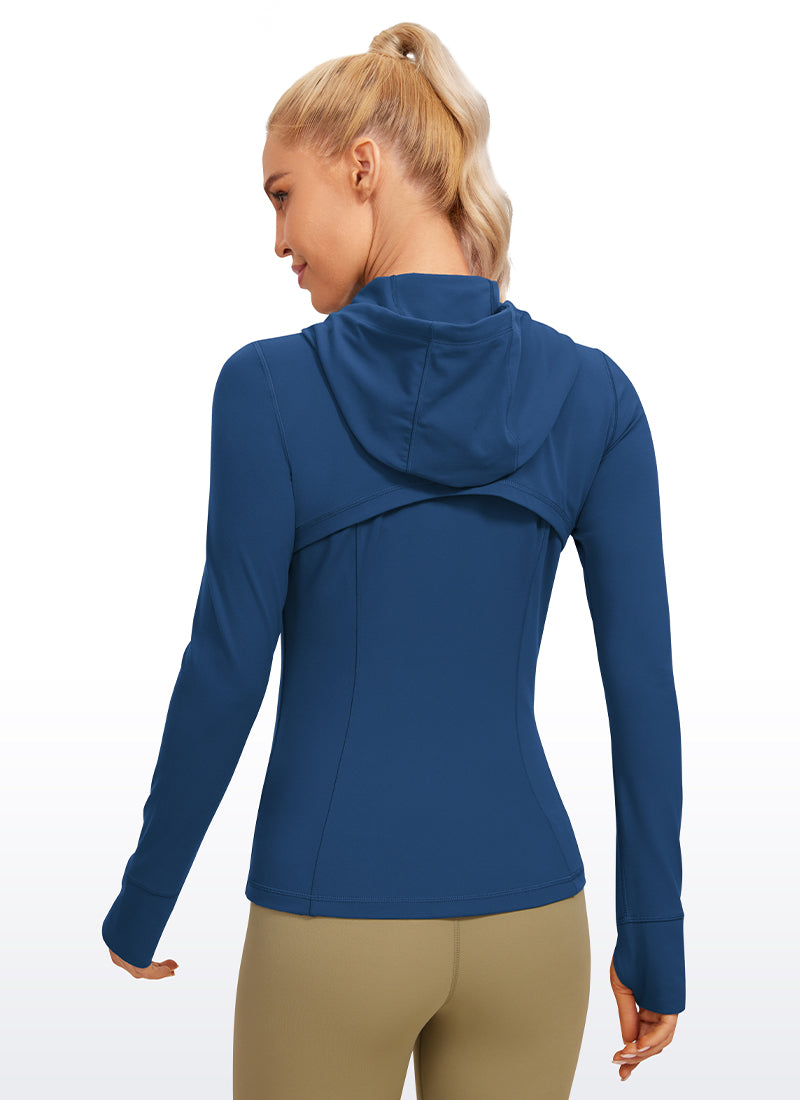 CRZ YOGA Pambabae Butterluxe Slim Fit na Panlabas na Kasuotan na May Bulsa at Buong Zip na Hoodies na Kulay Pranses na Asul