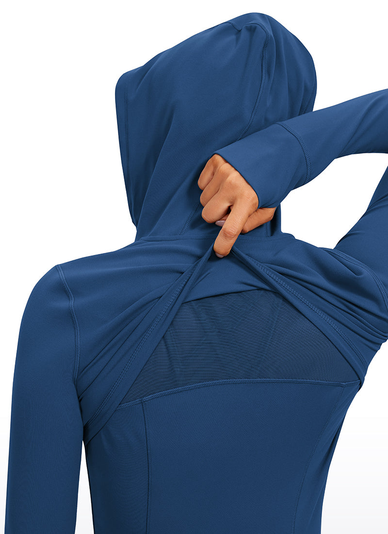 CRZ YOGA Pambabae Butterluxe Slim Fit na Panlabas na Kasuotan na May Bulsa at Buong Zip na Hoodies na Kulay Pranses na Asul