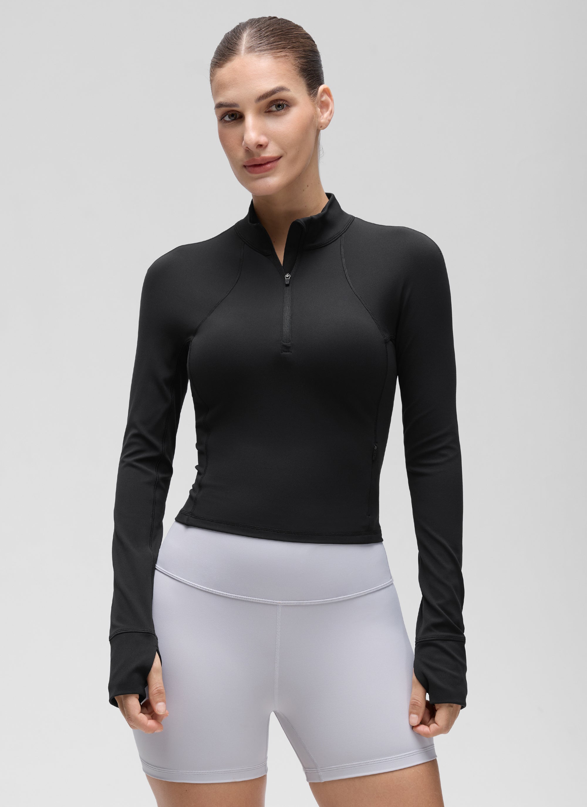 CRZ YOGA Pambabaeng Yoga Slim Fit Tops Butterluxe Itim na may Half-Zip na Mahabang Manggas