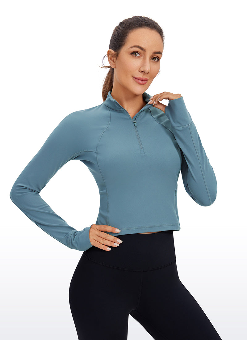 CRZ YOGA Pambabaeng Yoga Slim Fit Tops Butterluxe Half-Zip Long Sleeve na Asul na Abo
