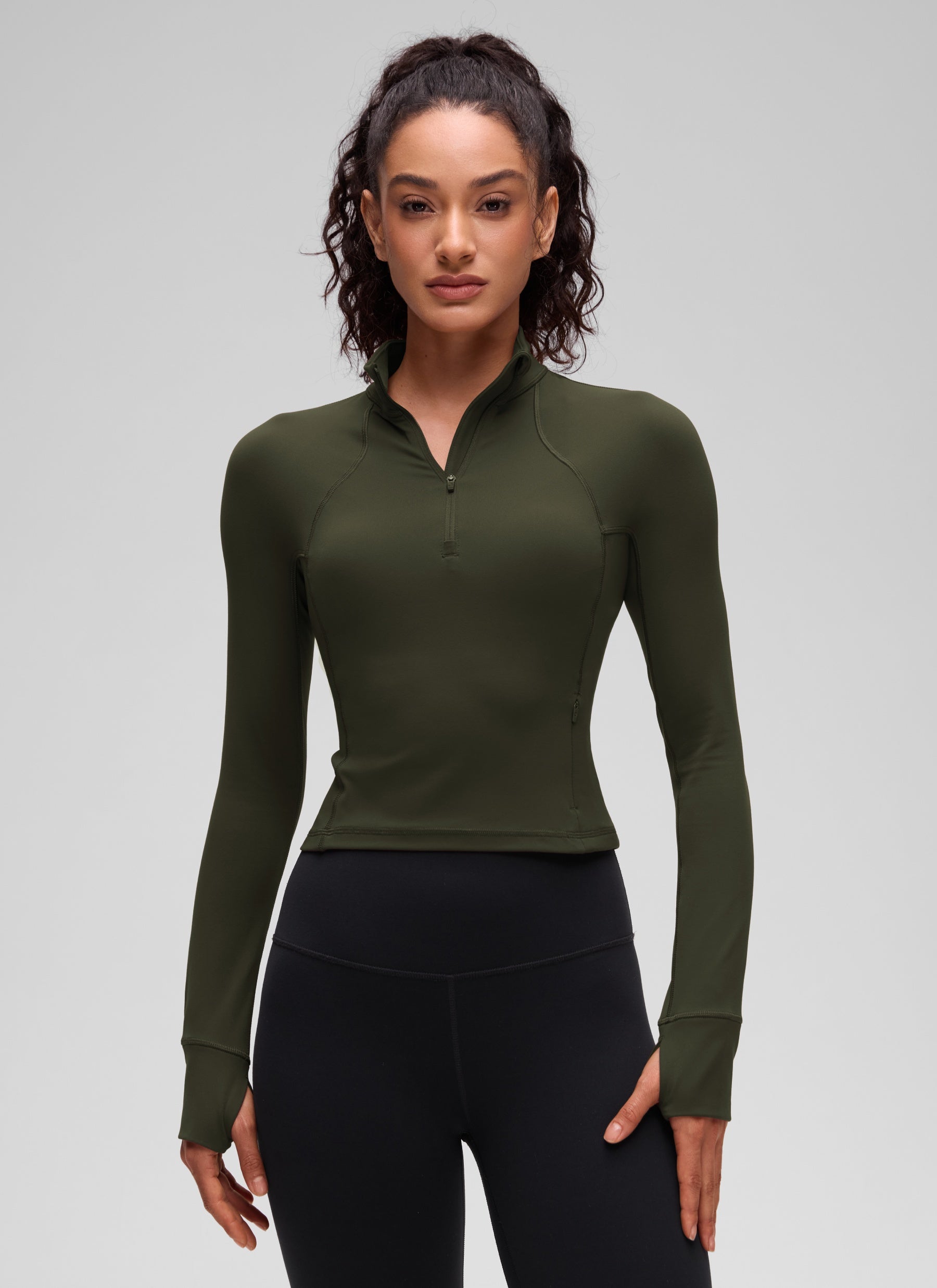 CRZ YOGA Pambabaeng Yoga Slim Fit Tops Butterluxe Half-Zip Long Sleeve na Berdeng Oliba