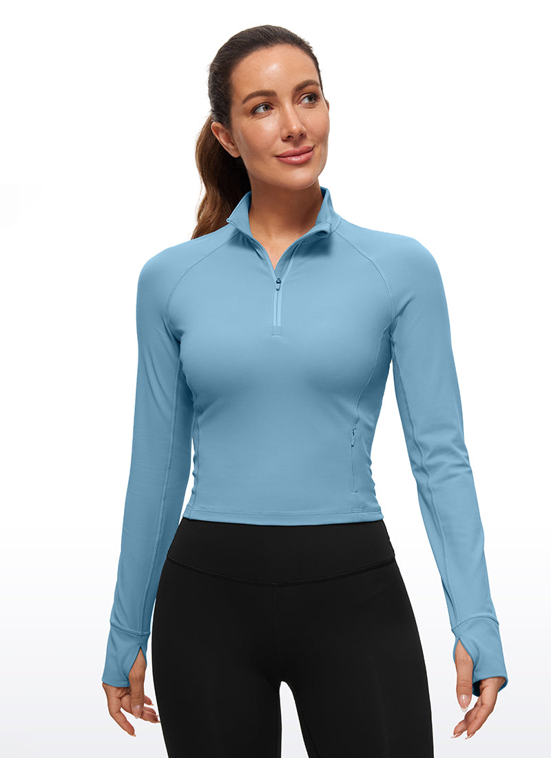 CRZ YOGA Pambabaeng Yoga Slim Fit Tops Butterluxe Half-Zip Long Sleeve Purong Asul