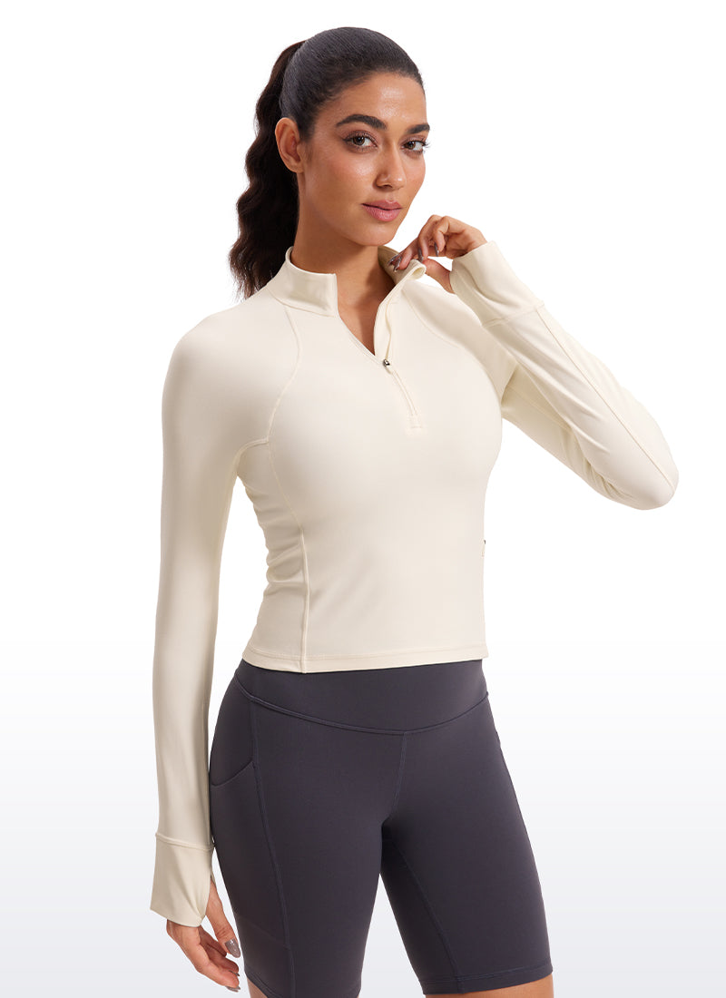 CRZ YOGA Pambabaeng Yoga Slim Fit Tops Butterluxe Puting Aprikot na May Half-Zip na Mahabang Manggas
