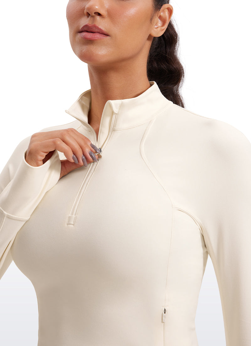 CRZ YOGA Pambabaeng Yoga Slim Fit Tops Butterluxe Puting Aprikot na May Half-Zip na Mahabang Manggas