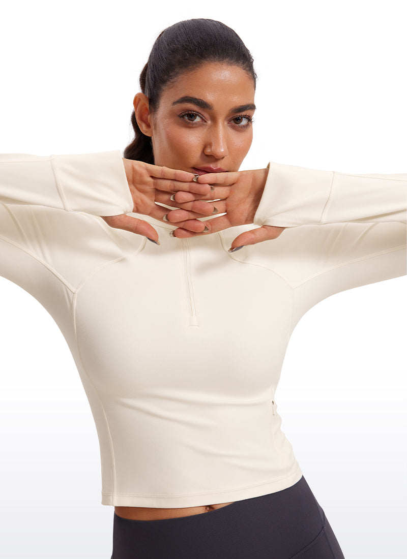CRZ YOGA Pambabaeng Yoga Slim Fit Tops Butterluxe Puting Aprikot na May Half-Zip na Mahabang Manggas