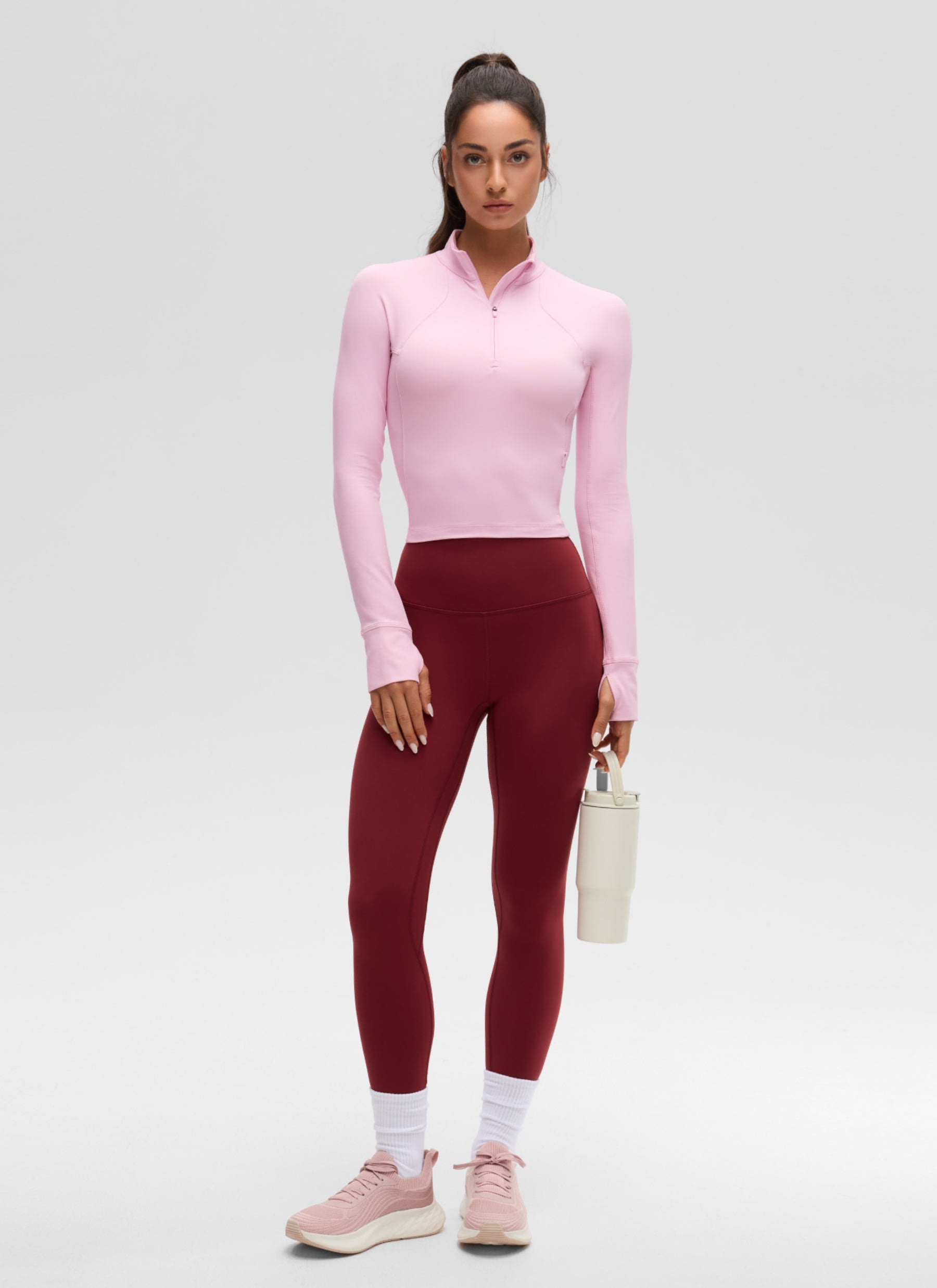CRZ YOGA Pambabaeng Yoga Slim Fit Tops Butterluxe Kulay Rosas na Peony na may Half-Zip na Mahabang Manggas