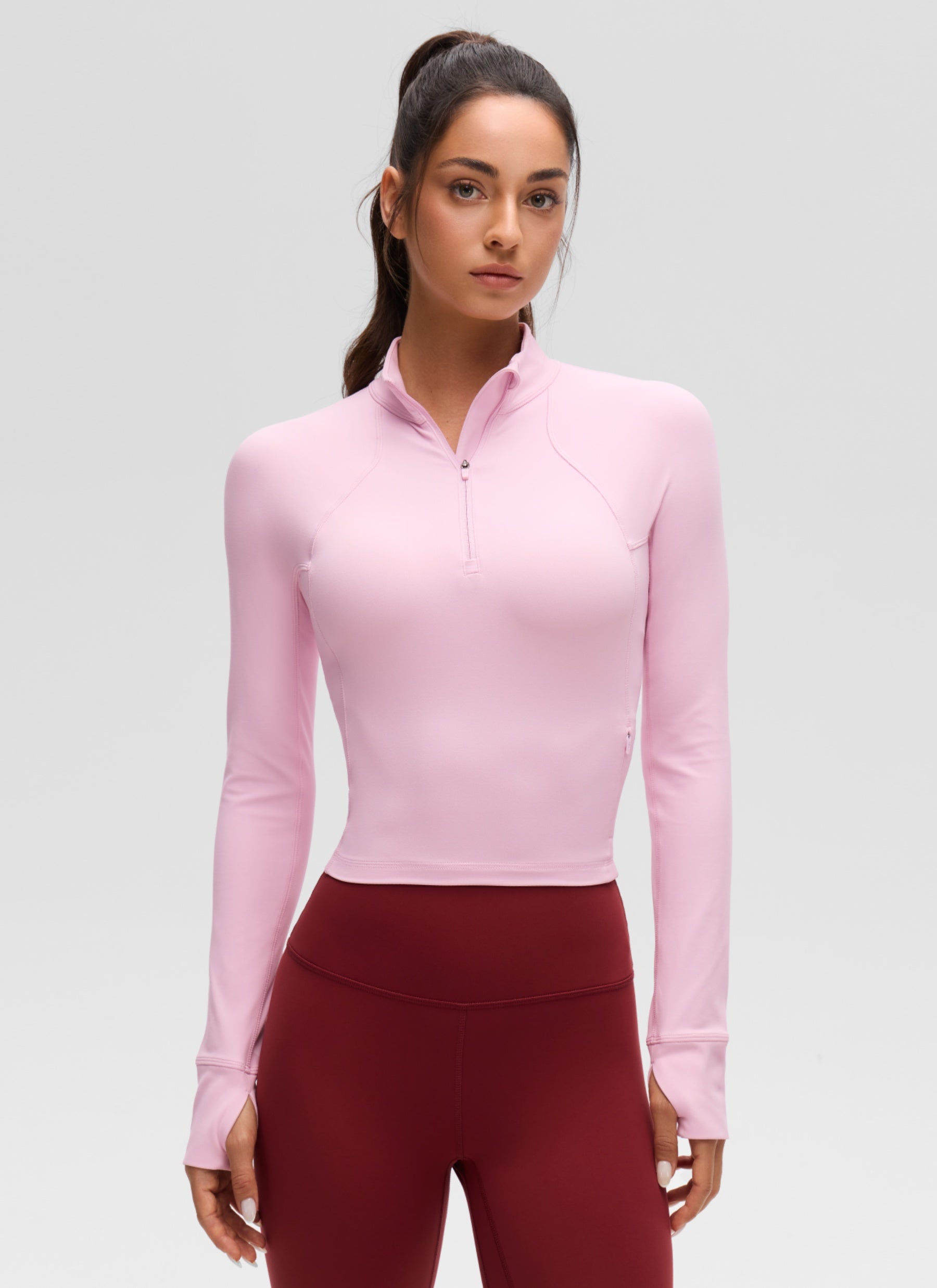 CRZ YOGA Pambabaeng Yoga Slim Fit Tops Butterluxe Kulay Rosas na Peony na may Half-Zip na Mahabang Manggas
