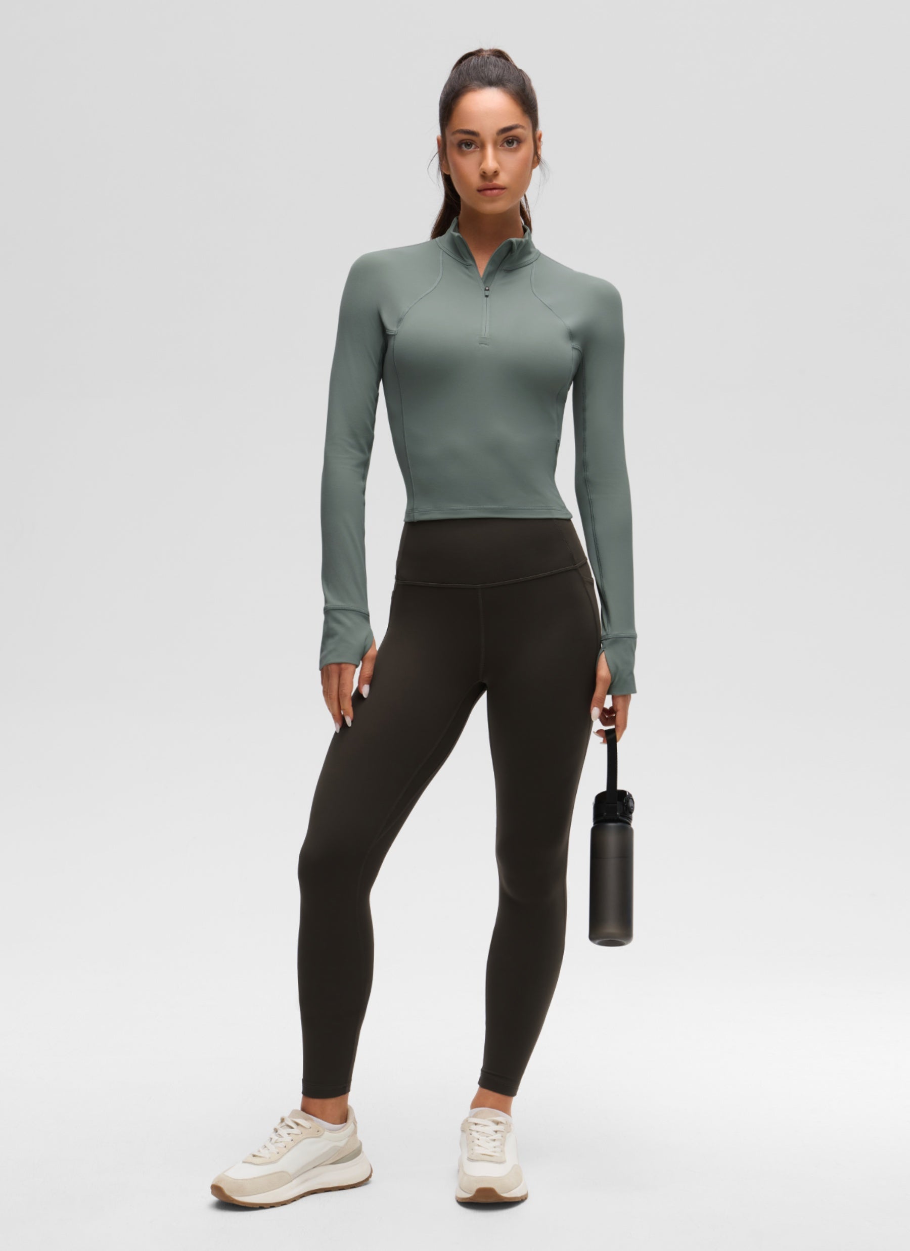 CRZ YOGA Pambabaeng Yoga Slim Fit Tops Butterluxe Half-Zip Long Sleeve na Kulay Abo na Sage