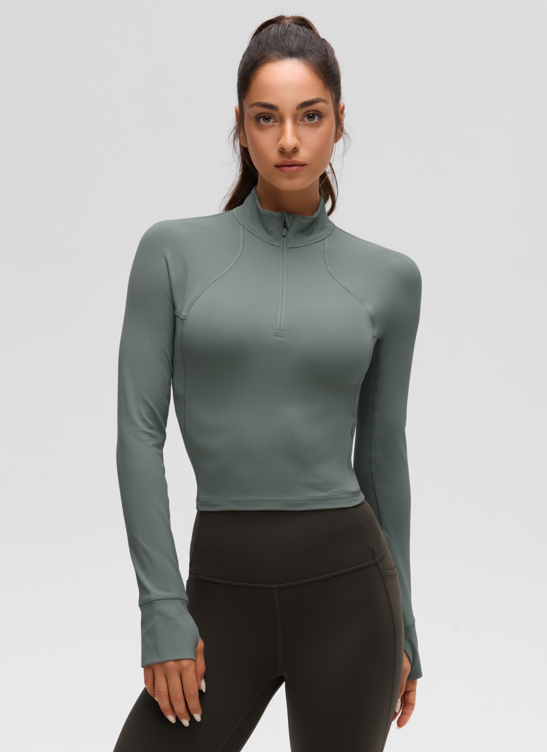 CRZ YOGA Pambabaeng Yoga Slim Fit Tops Butterluxe Half-Zip Long Sleeve na Kulay Abo na Sage